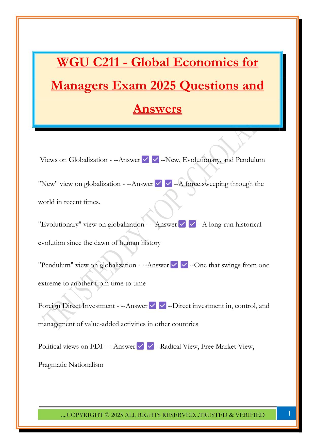 WGU C211 - Global Economics for Managers Exam 2025 Questions and Answers
