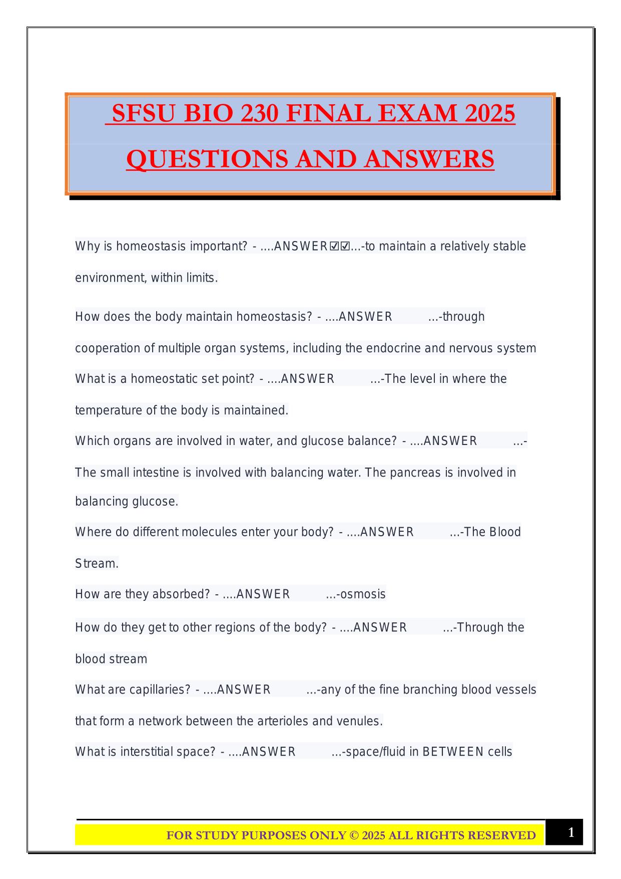 SFSU BIO 230 FINAL EXAM 2025 QUESTIONS AND ANSWERS
