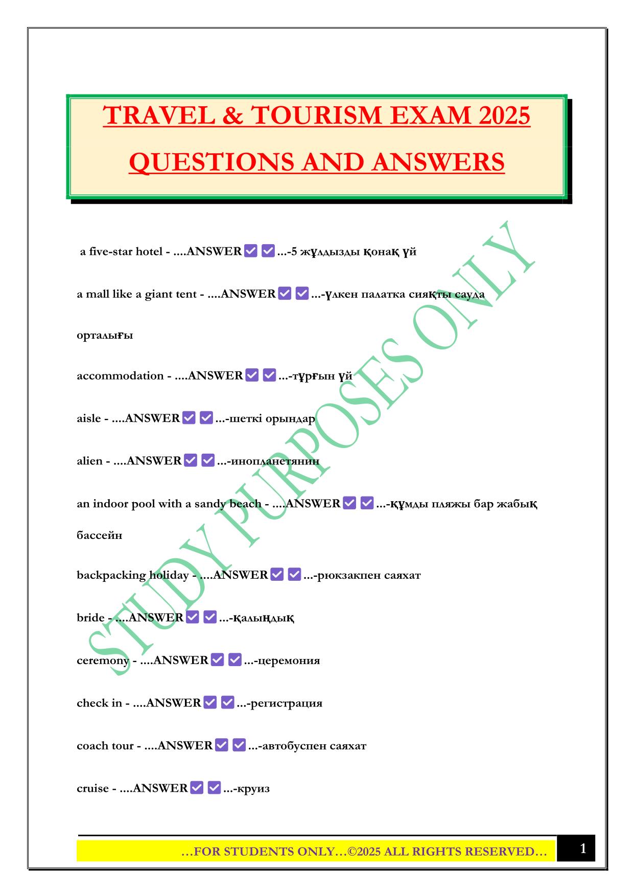TRAVEL & TOURISM EXAM 2025 QUESTIONS AND ANSWERS