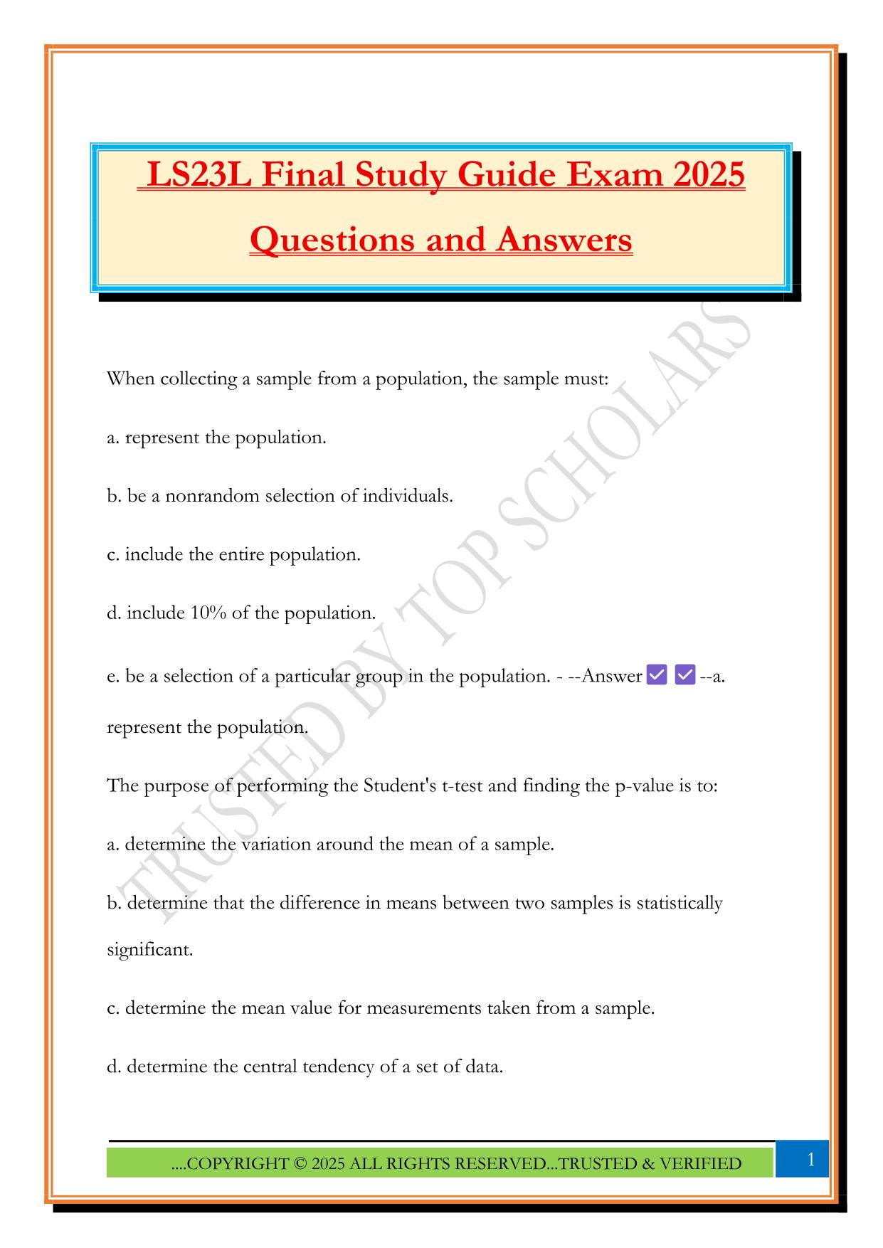 LS23L Final Study Guide Exam 2025 Questions and Answers