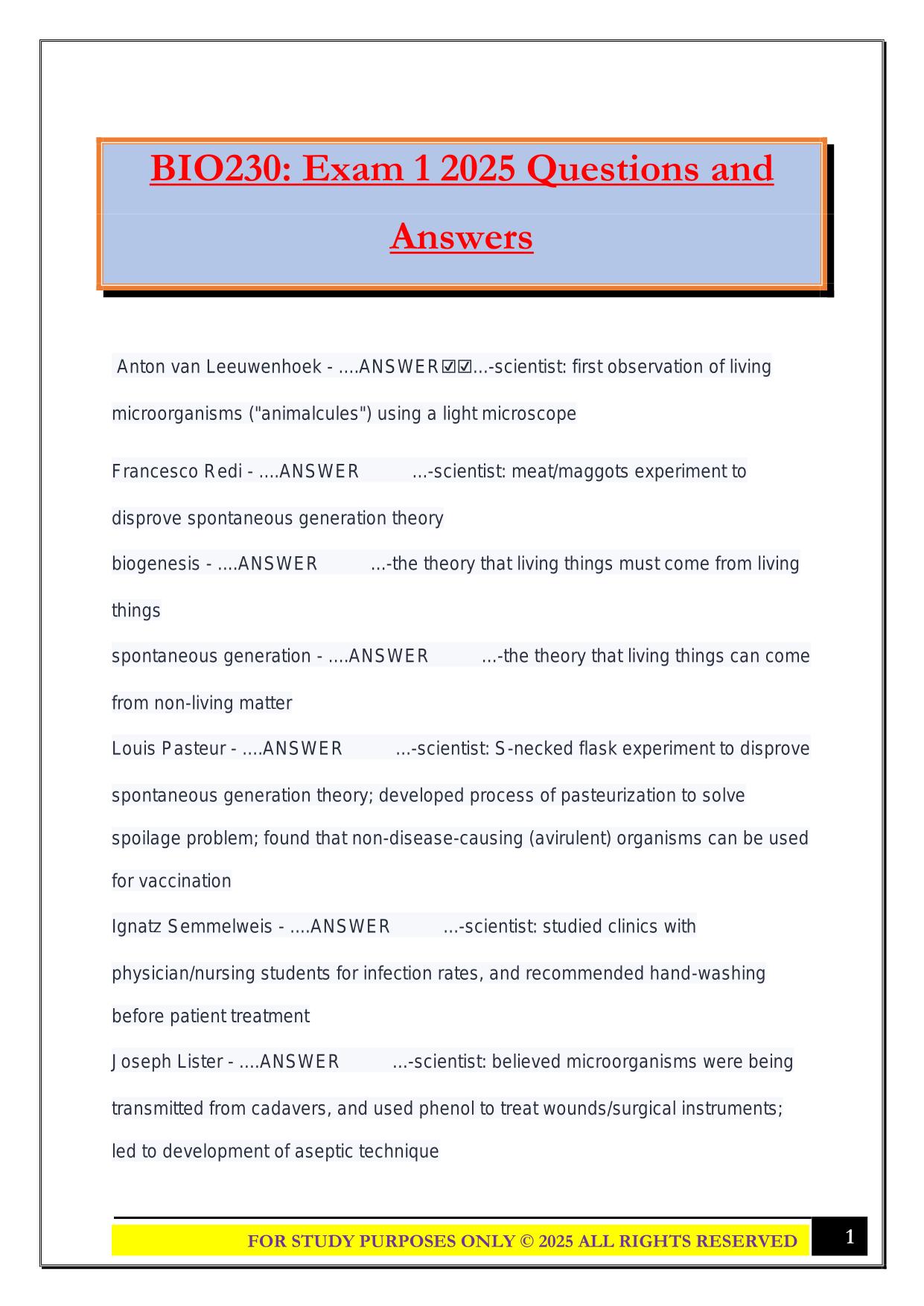 BIO230: Exam 1 2025 Questions and Answers
