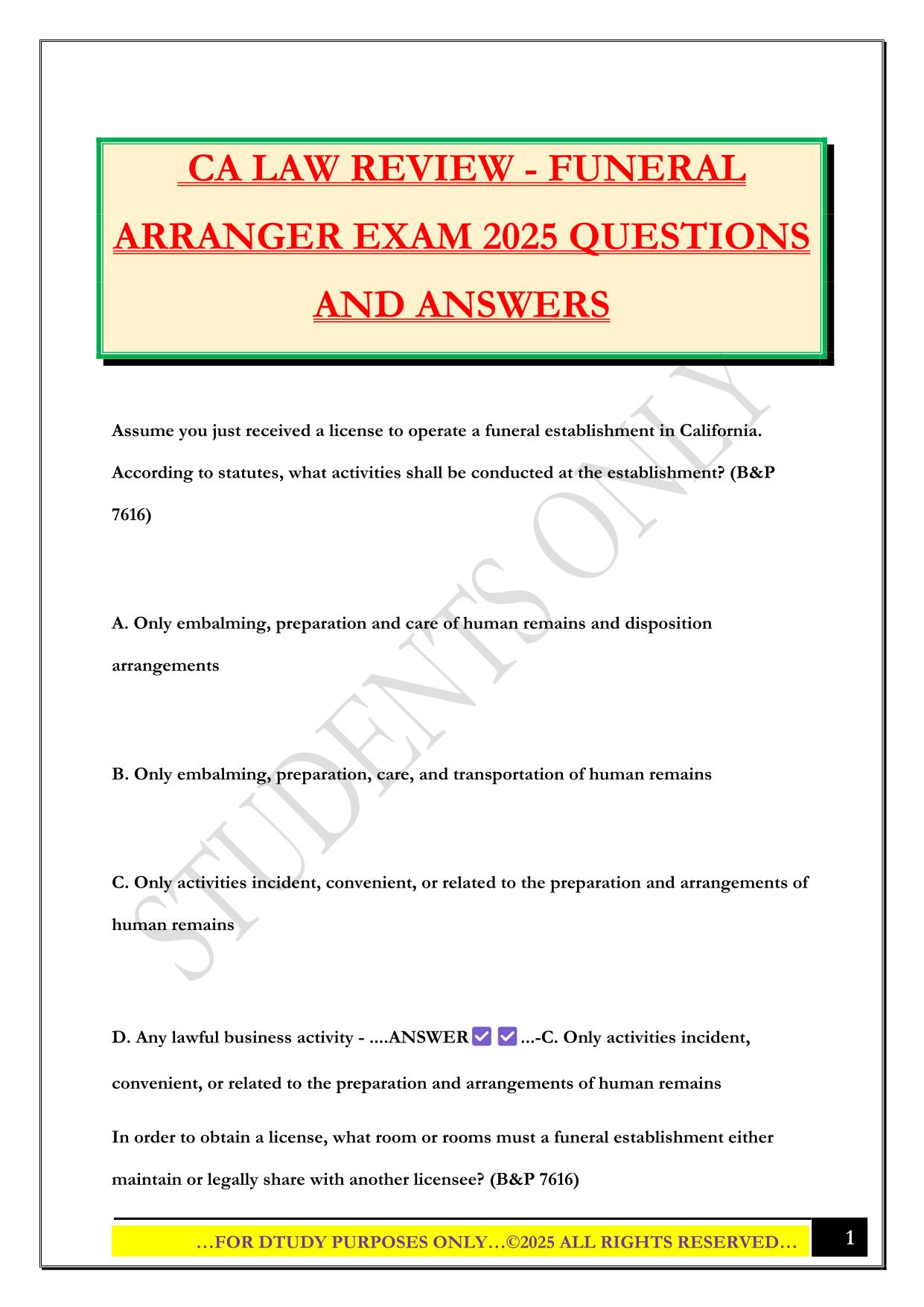 CA LAW REVIEW - FUNERAL ARRANGER EXAM 2025 QUESTIONS AND ANSWERS