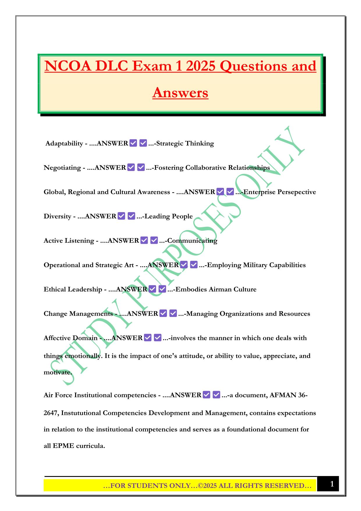 NCOA DLC Exam 1 2025 Questions and Answers