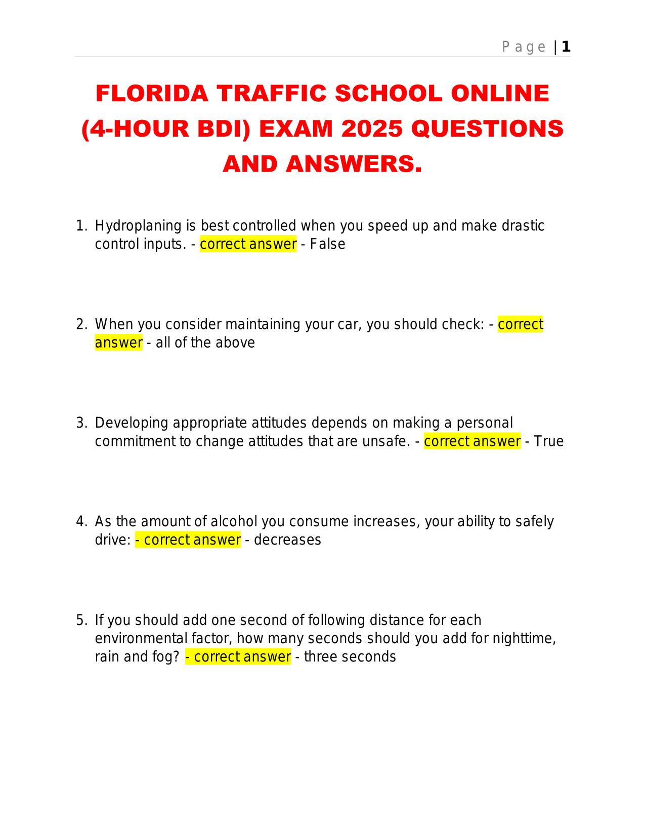 FLORIDA TRAFFIC SCHOOL ONLINE (4-HOUR BDI) EXAM 2025 QUESTIONS AND ANSWERS.