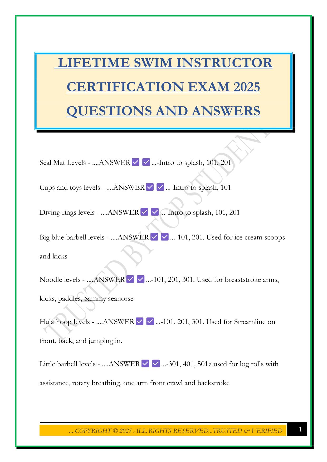 LIFETIME SWIM INSTRUCTOR CERTIFICATION EXAM 2025 QUESTIONS AND ANSWERS