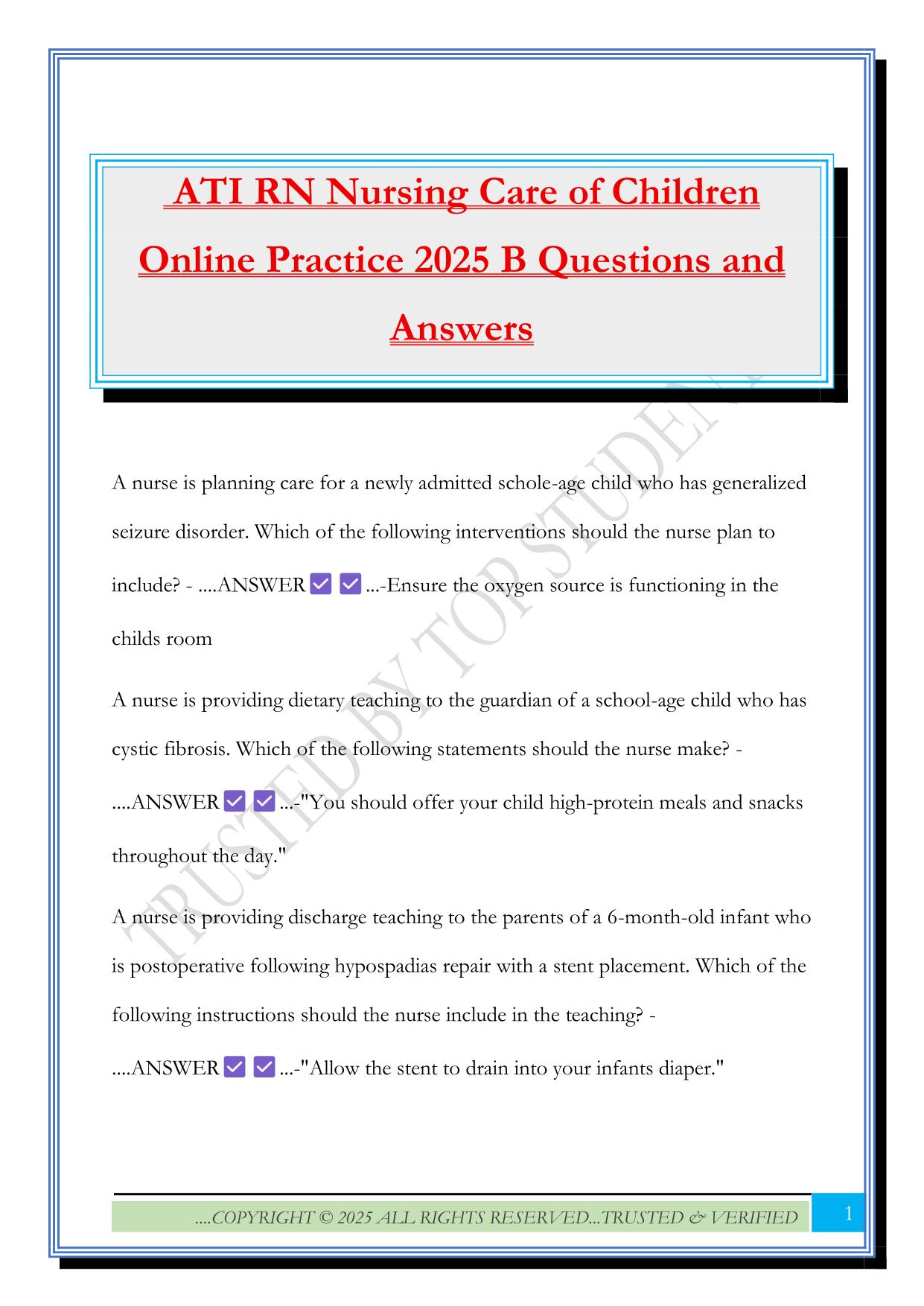 ATI RN Nursing Care of Children Online Practice 2025 B Questions and Answers