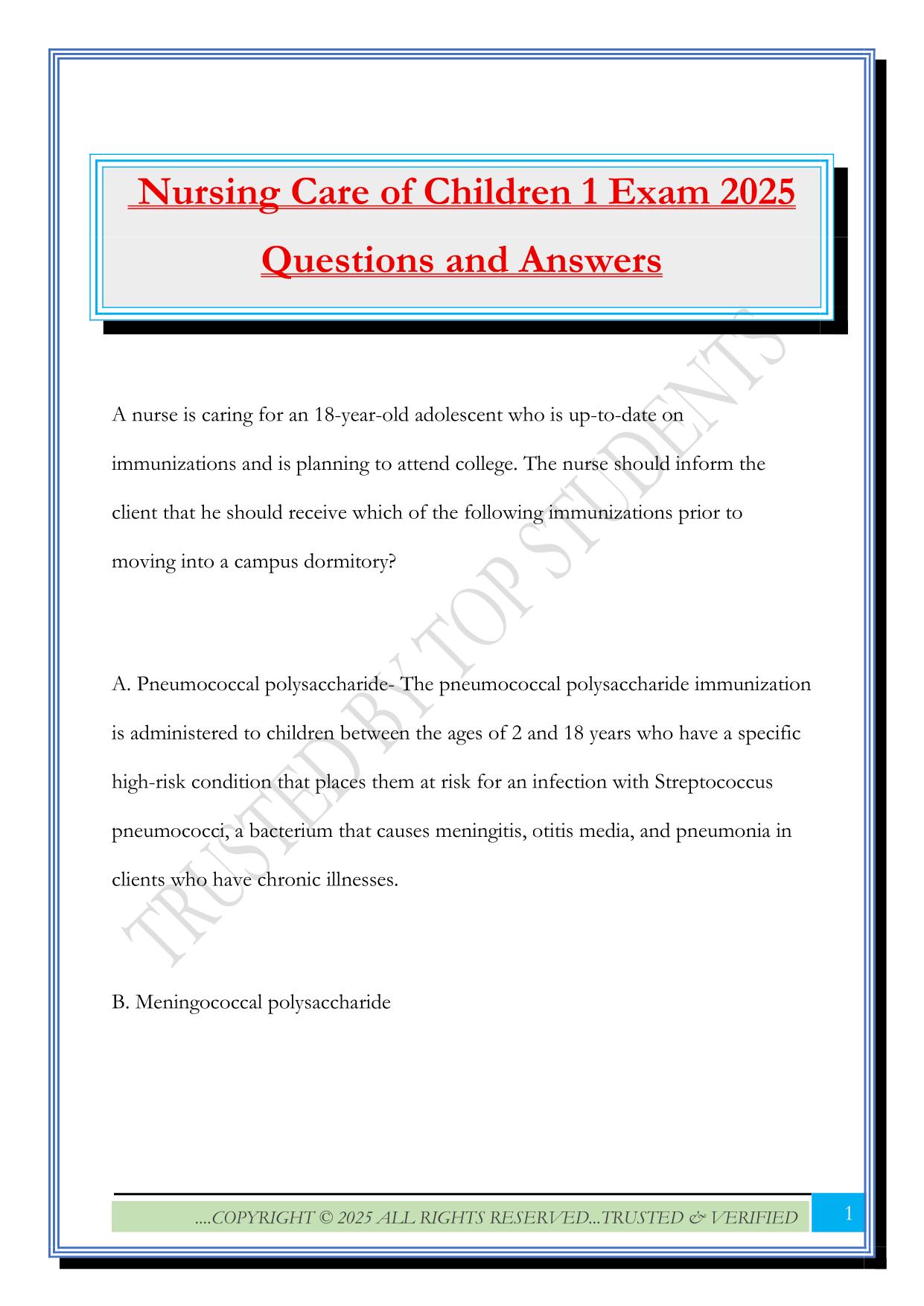 Nursing Care of Children 1 Exam 2025 Questions and Answers