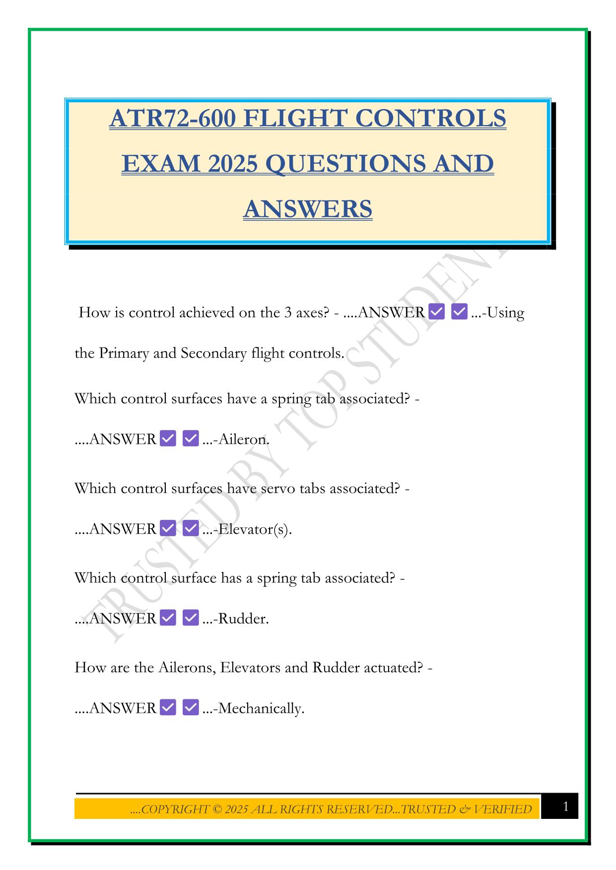 ATR72-600 FLIGHT CONTROLS EXAM 2025 QUESTIONS AND ANSWERS