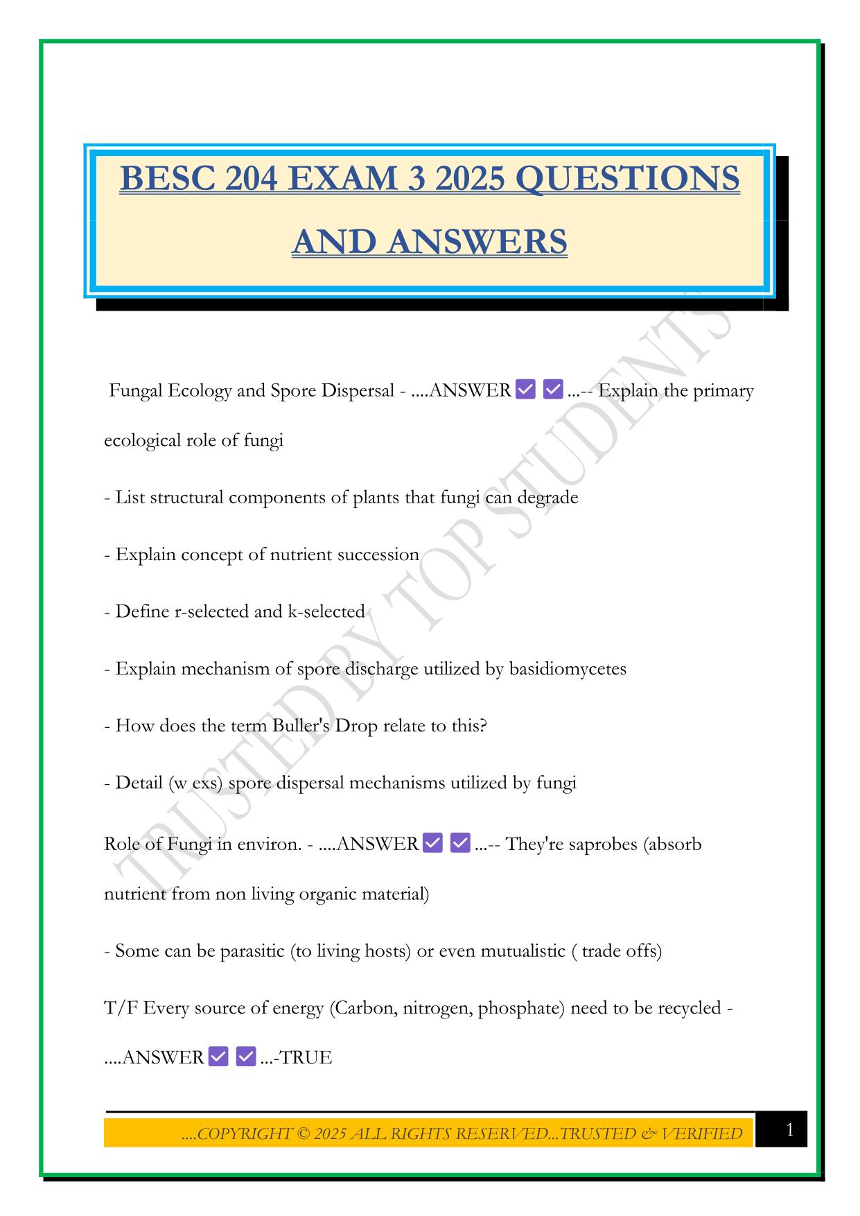 BESC 204 EXAM 3 2025 QUESTIONS AND ANSWERS