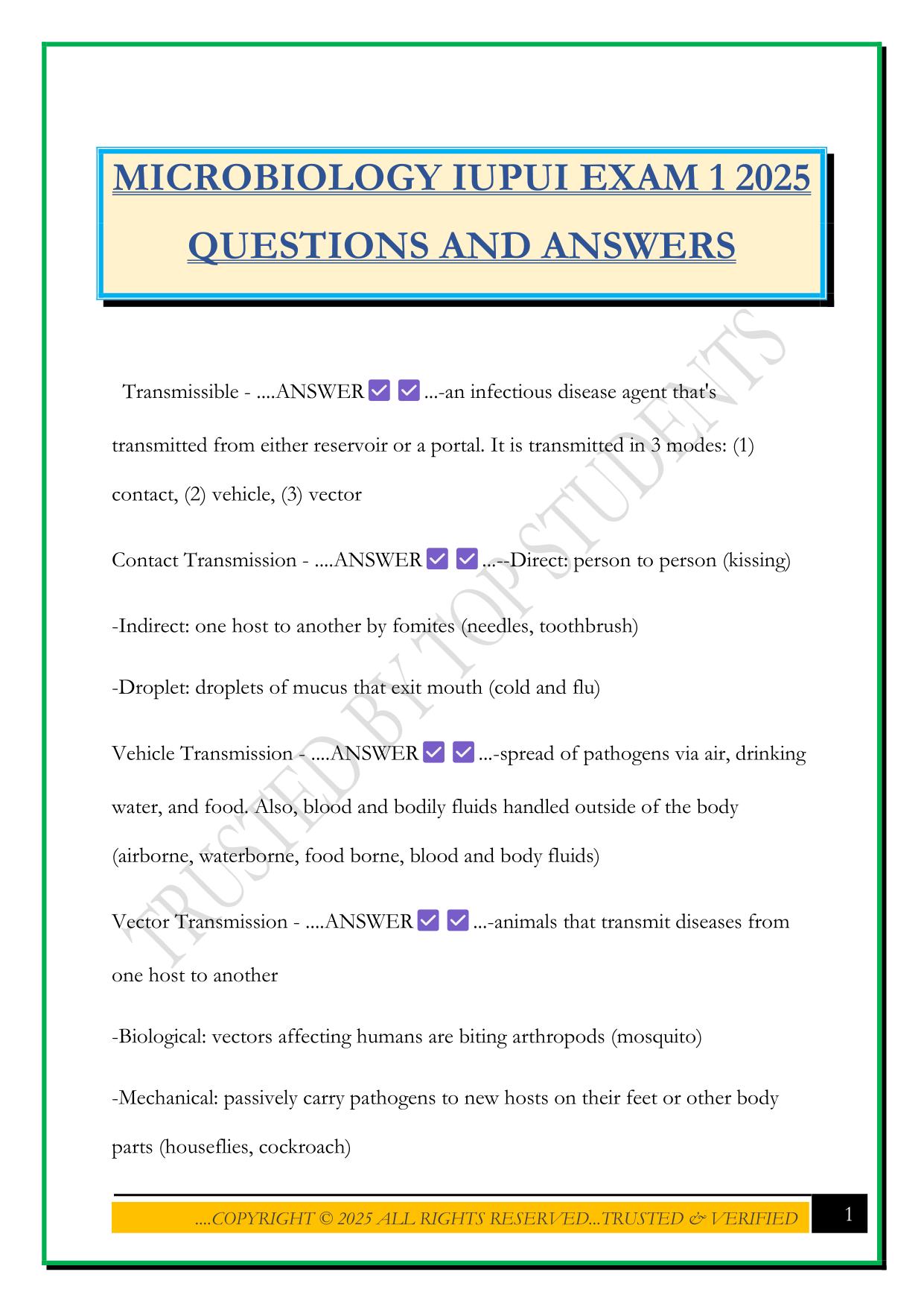 MICROBIOLOGY IUPUI EXAM 1 2025 QUESTIONS AND ANSWERS