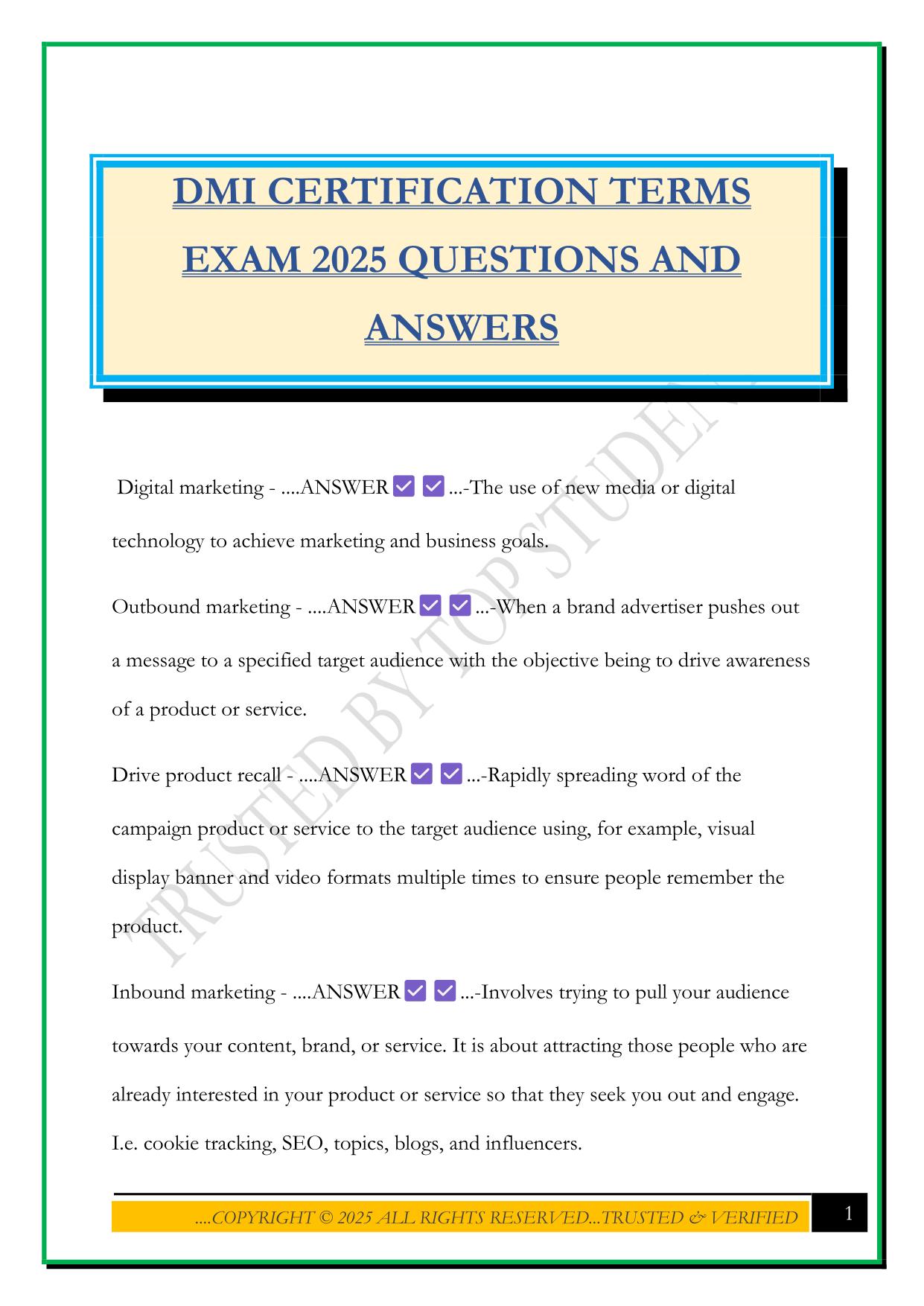 DMI CERTIFICATION TERMS EXAM 2025 QUESTIONS AND ANSWERS