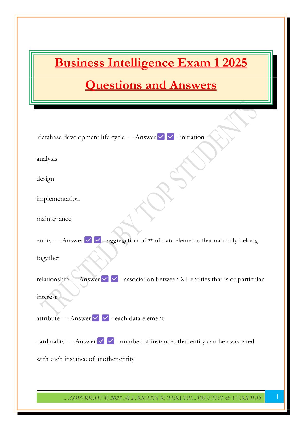 Business Intelligence Exam 1 2025 Questions and Answers
