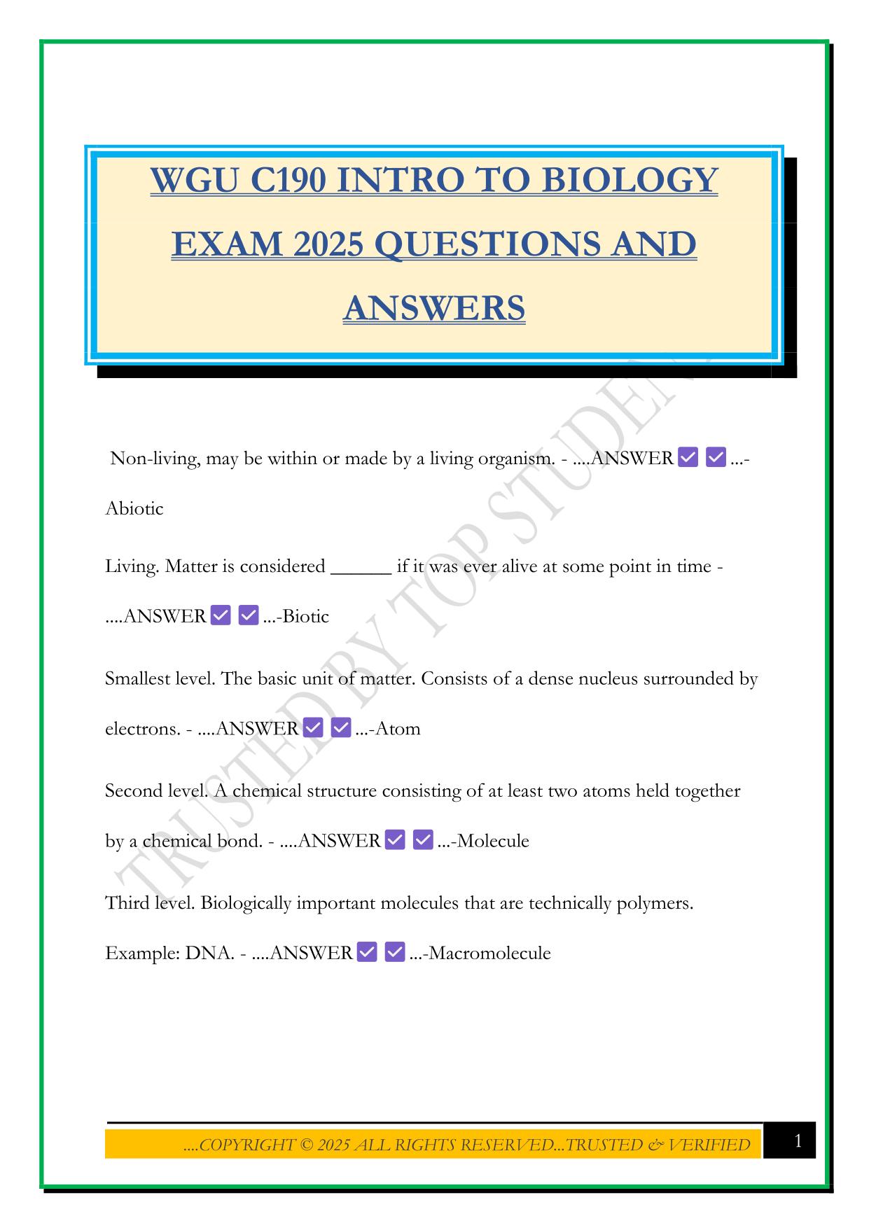 WGU C190 INTRO TO BIOLOGY EXAM 2025 QUESTIONS AND ANSWERS