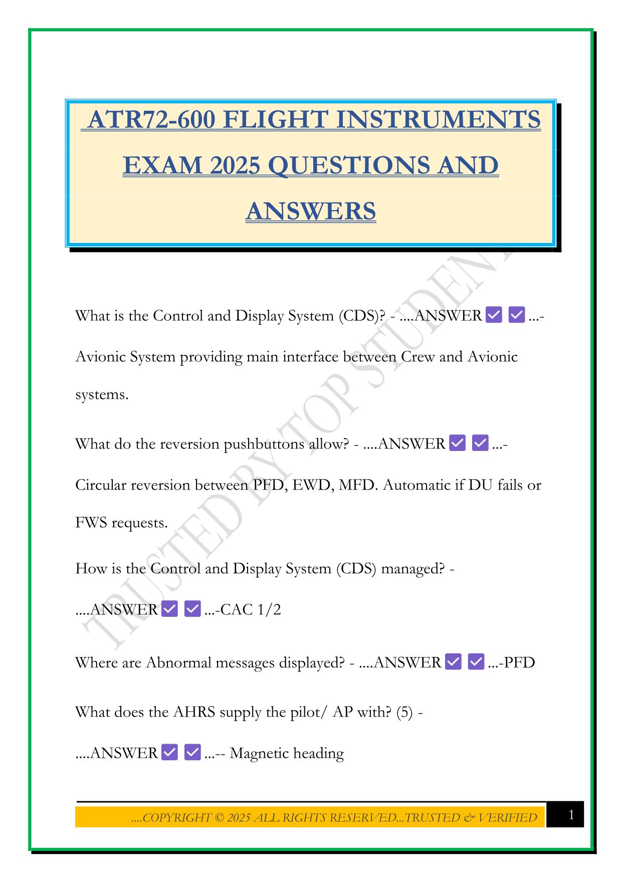 ATR72-600 FLIGHT INSTRUMENTS EXAM 2025 QUESTIONS AND ANSWERS