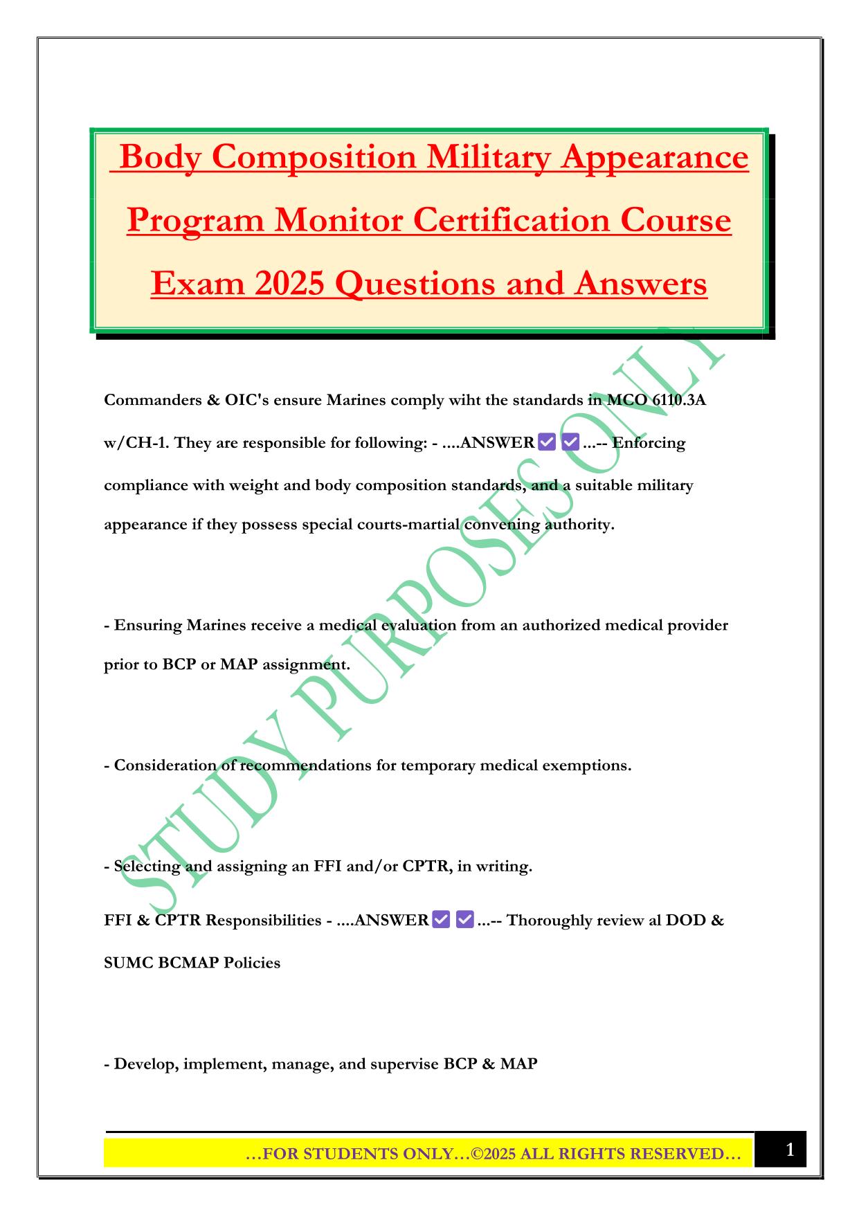 Body Composition Military Appearance Program Monitor Certification Course Exam 2025 Questions and Answers