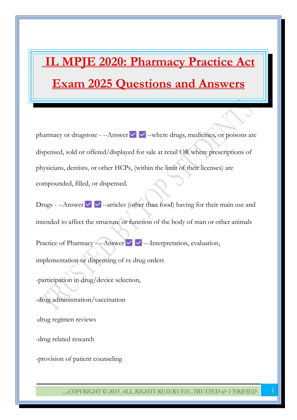 IL MPJE 2020: Pharmacy Practice Act Exam 2025 Questions and Answers