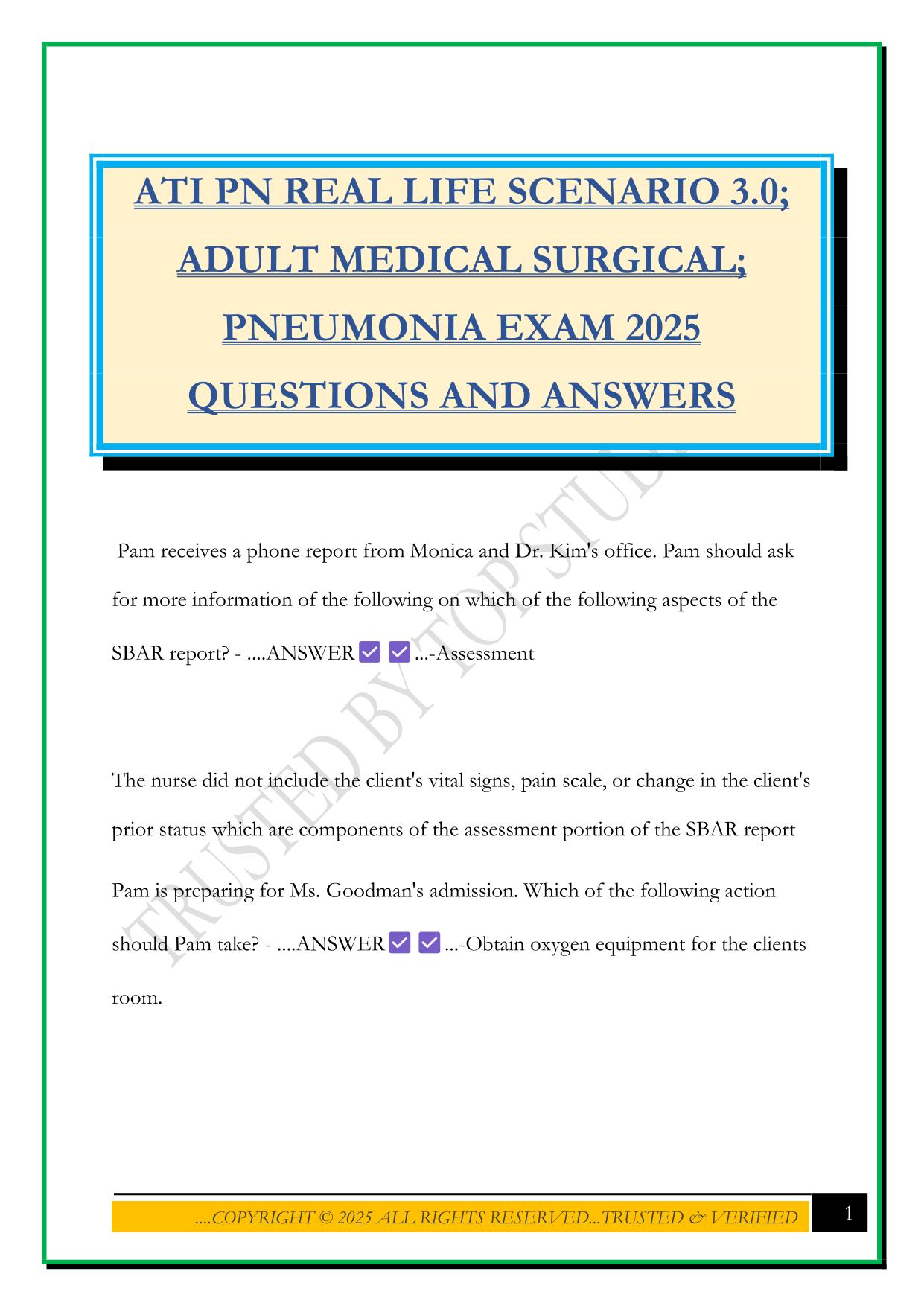 ATI PN REAL LIFE SCENARIO 3.0; ADULT MEDICAL SURGICAL; PNEUMONIA EXAM 2025 QUESTIONS AND ANSWERS