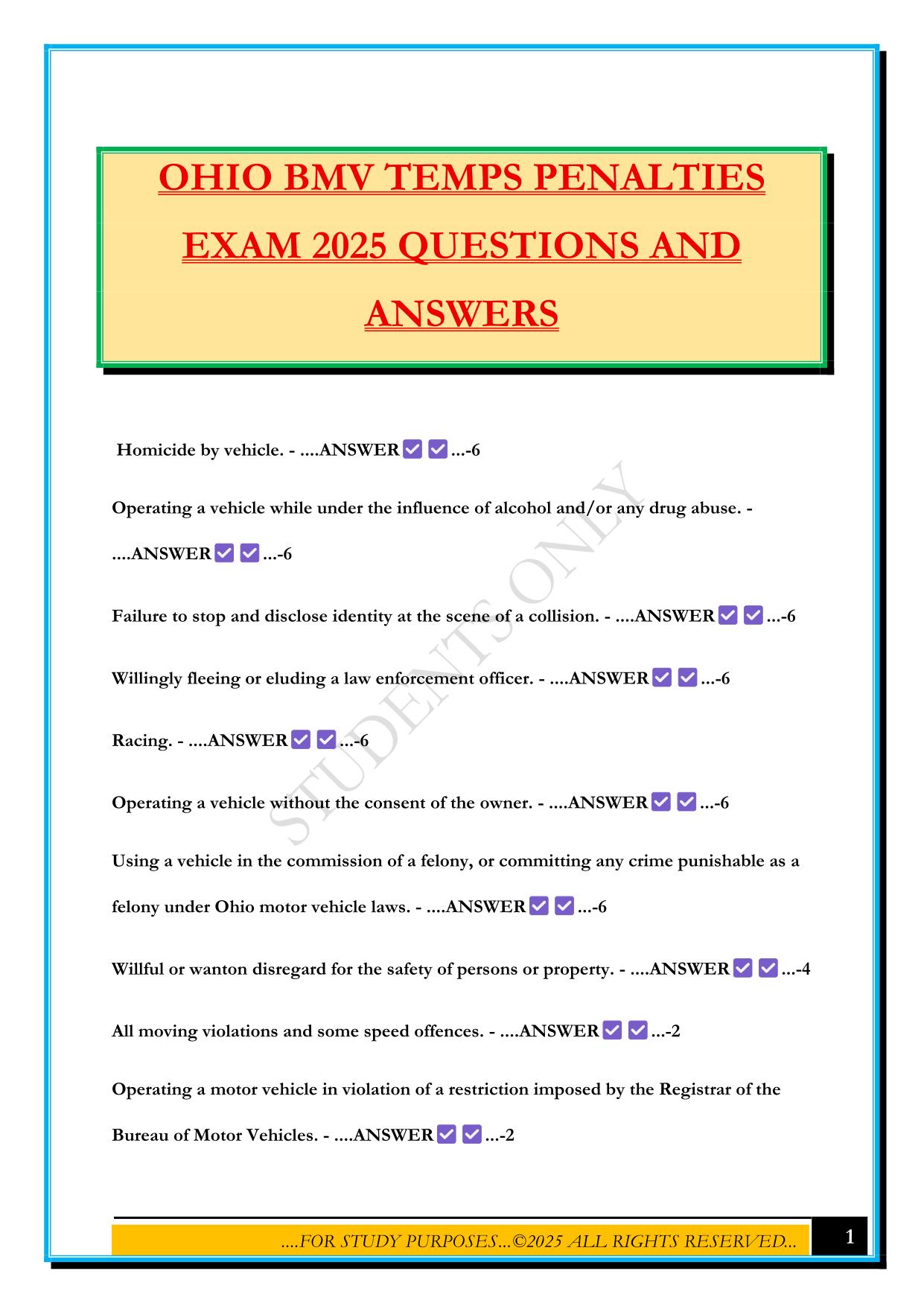 OHIO BMV TEMPS PENALTIES EXAM 2025 QUESTIONS AND ANSWERS