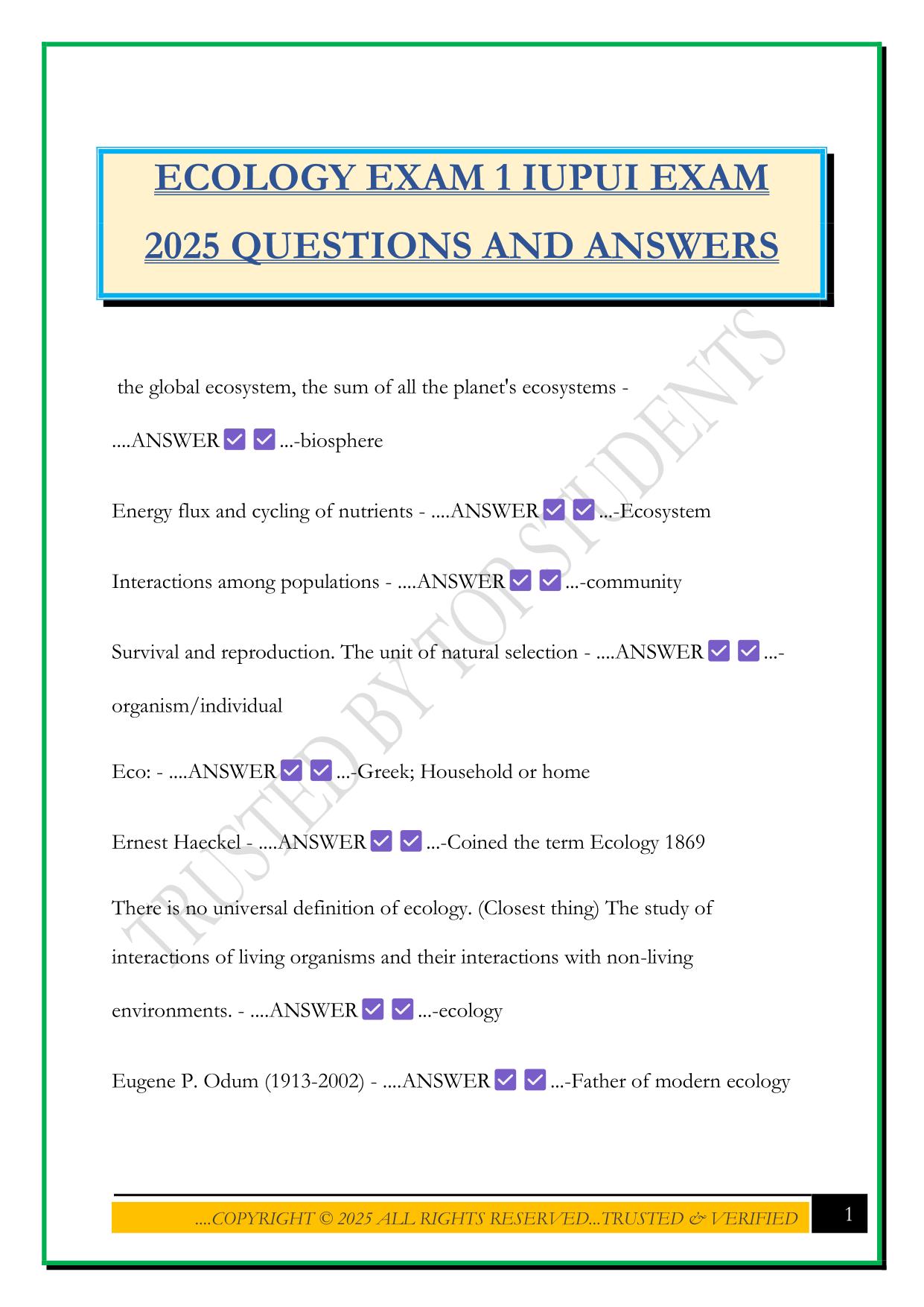ECOLOGY EXAM 1 IUPUI EXAM 2025 QUESTIONS AND ANSWERS