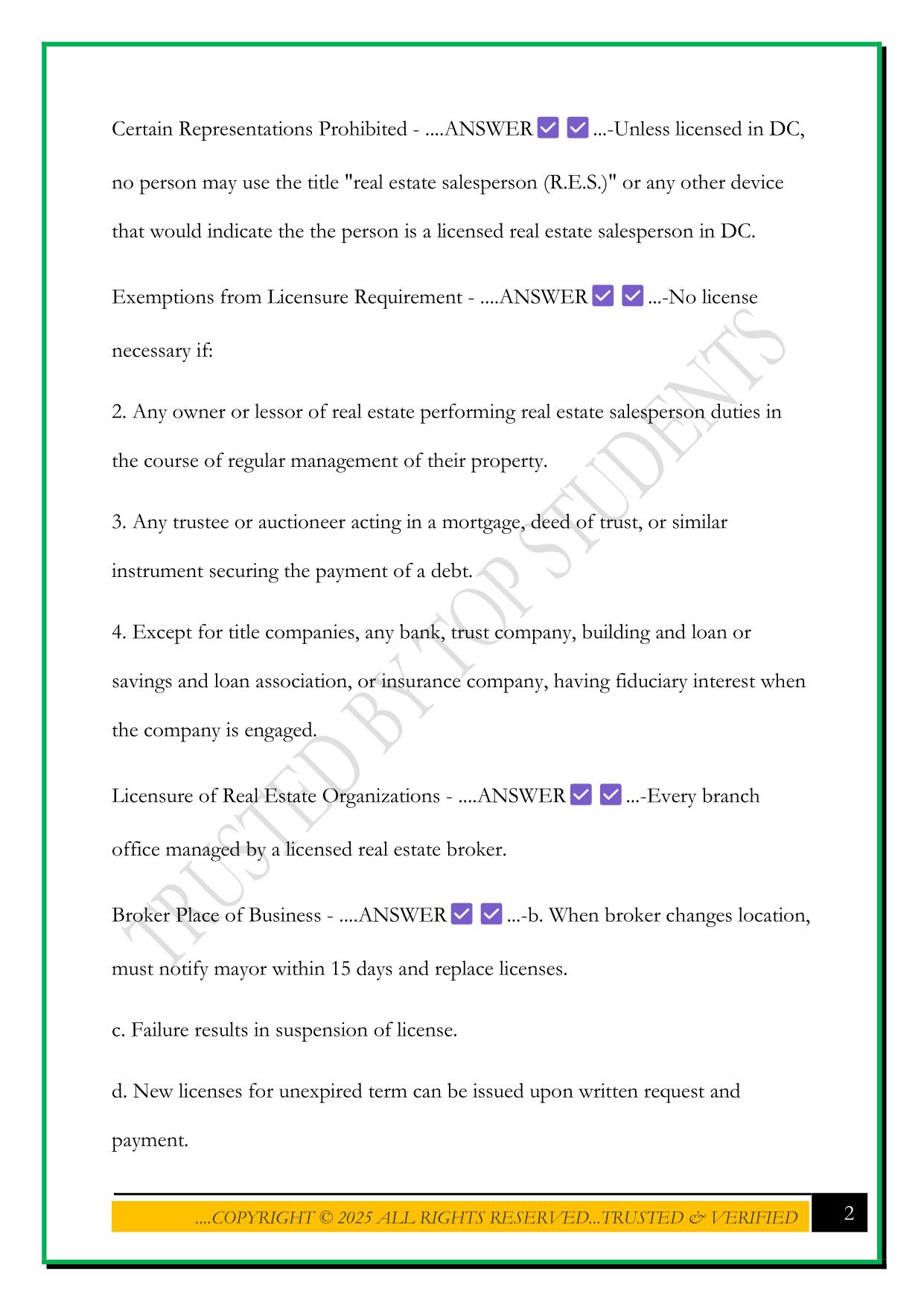 DC REAL ESTATE LEGISLATION AND REGS EXAM 2025 QUESTIONS AND ANSWERS