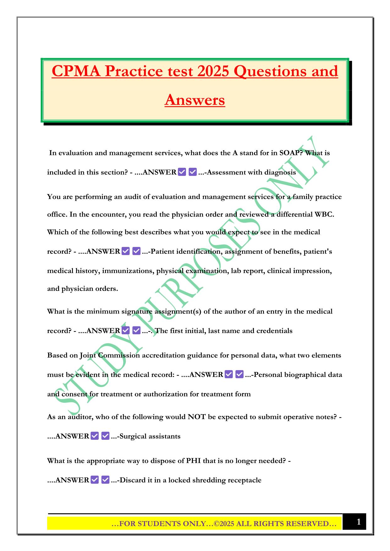 CPMA Practice test 2025 Questions and Answers