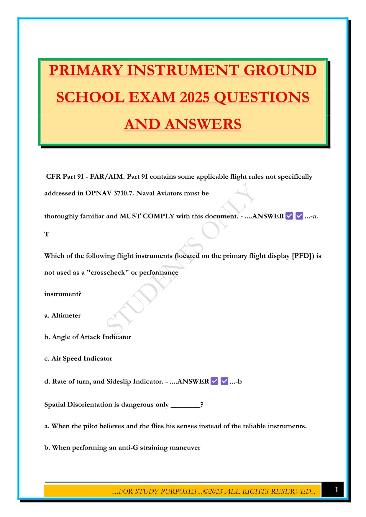 PRIMARY INSTRUMENT GROUND SCHOOL EXAM 2025 QUESTIONS AND ANSWERS