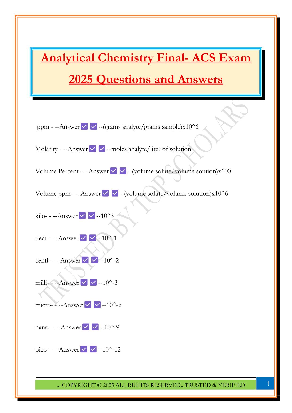 Analytical Chemistry Final- ACS Exam 2025 Questions and Answers