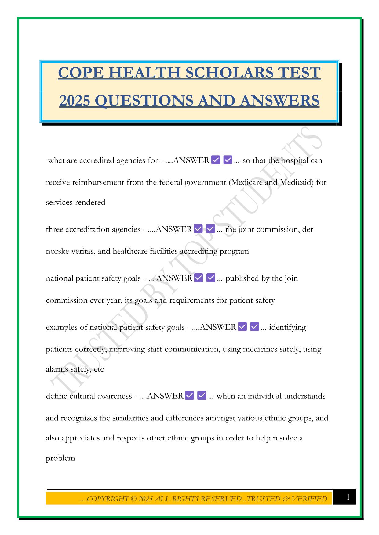 COPE HEALTH SCHOLARS TEST 2025 QUESTIONS AND ANSWERS