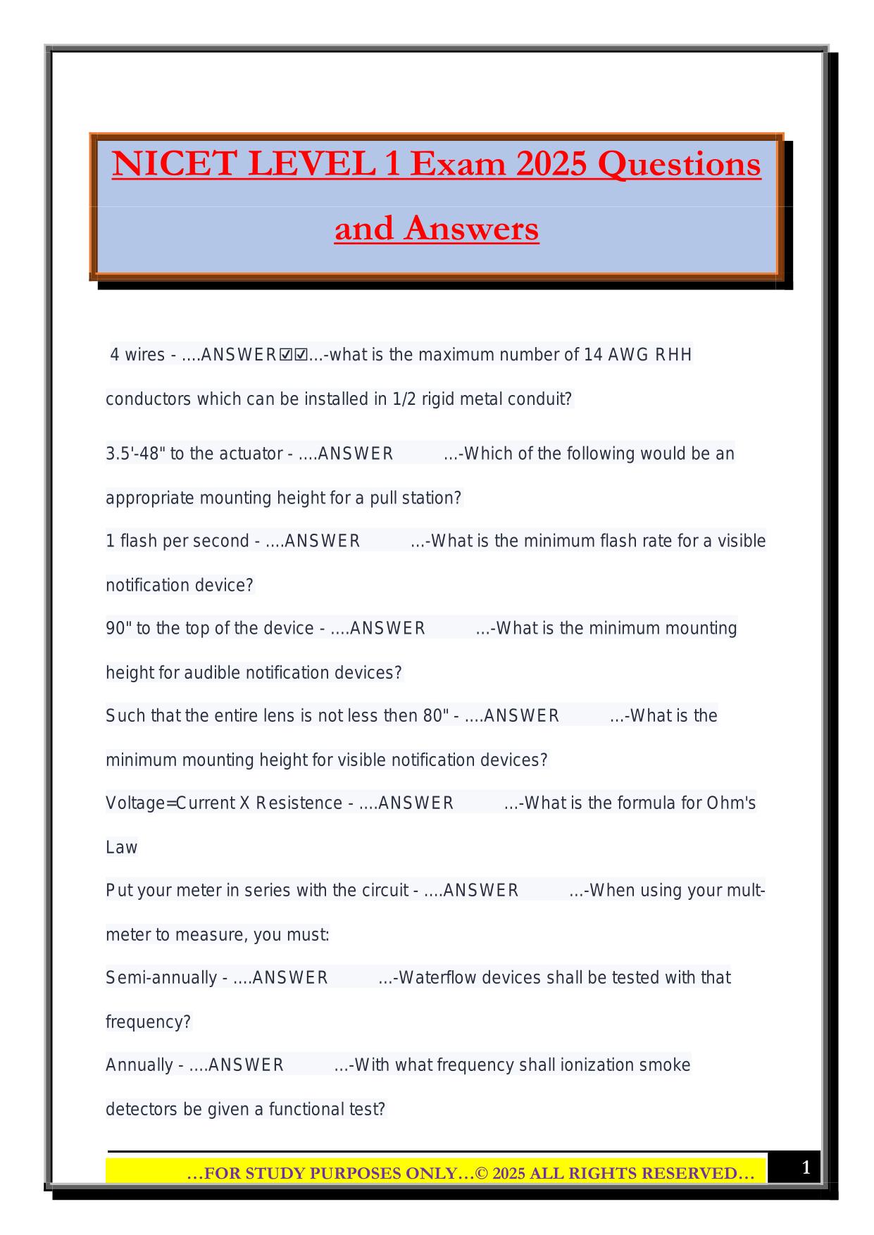 NICET LEVEL 1 Exam 2025 Questions and Answers