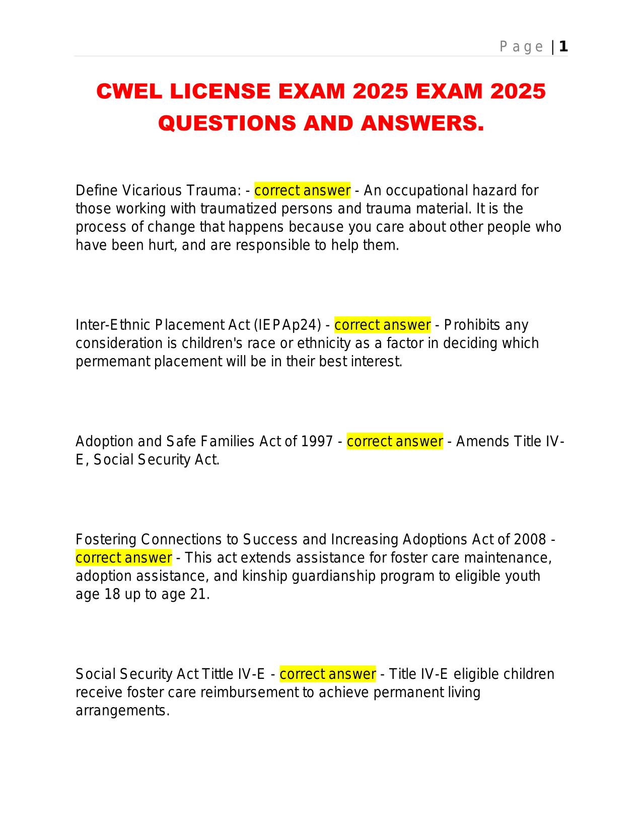CWEL LICENSE EXAM 2025 EXAM 2025 QUESTIONS AND ANSWERS.