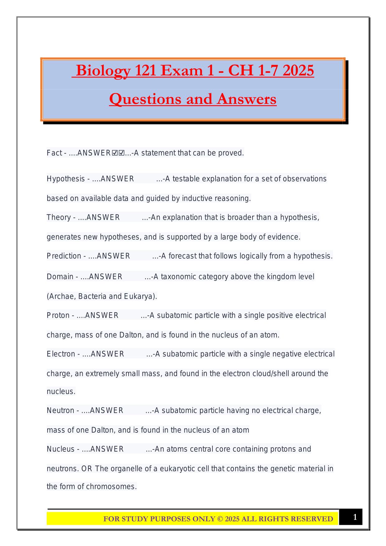 Biology 121 Exam 1 - CH 1-7 2025 Questions and Answers