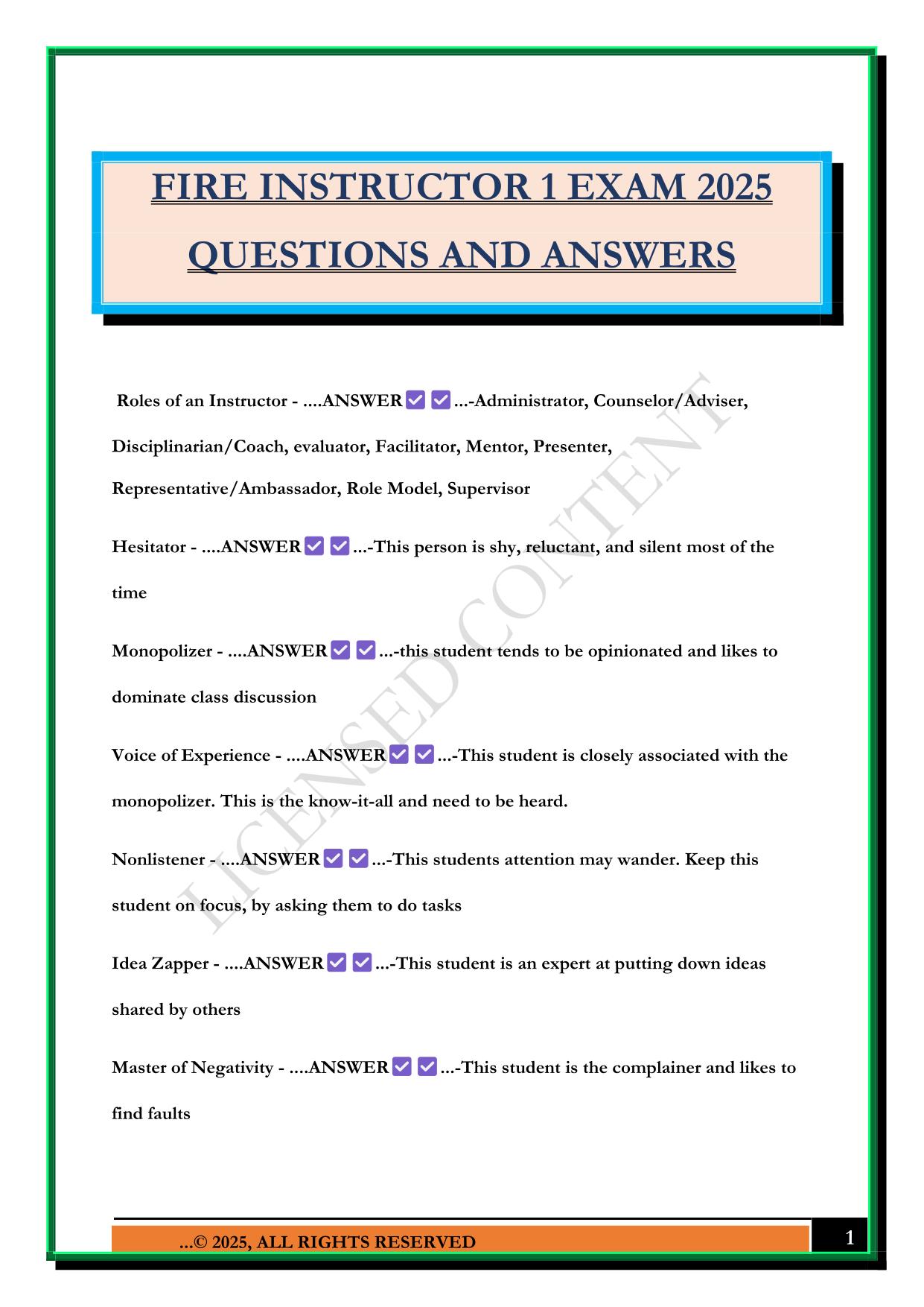 FIRE INSTRUCTOR 1 EXAM 2025 QUESTIONS AND ANSWERS