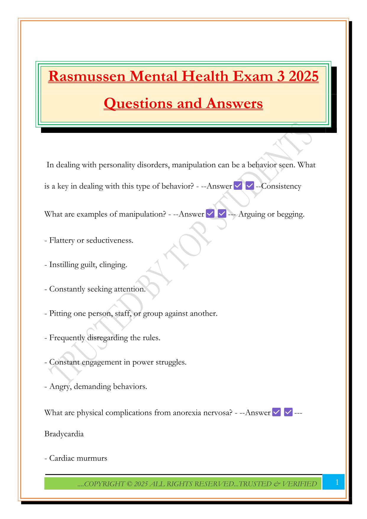 Rasmussen Mental Health Exam 3 2025 Questions and Answers