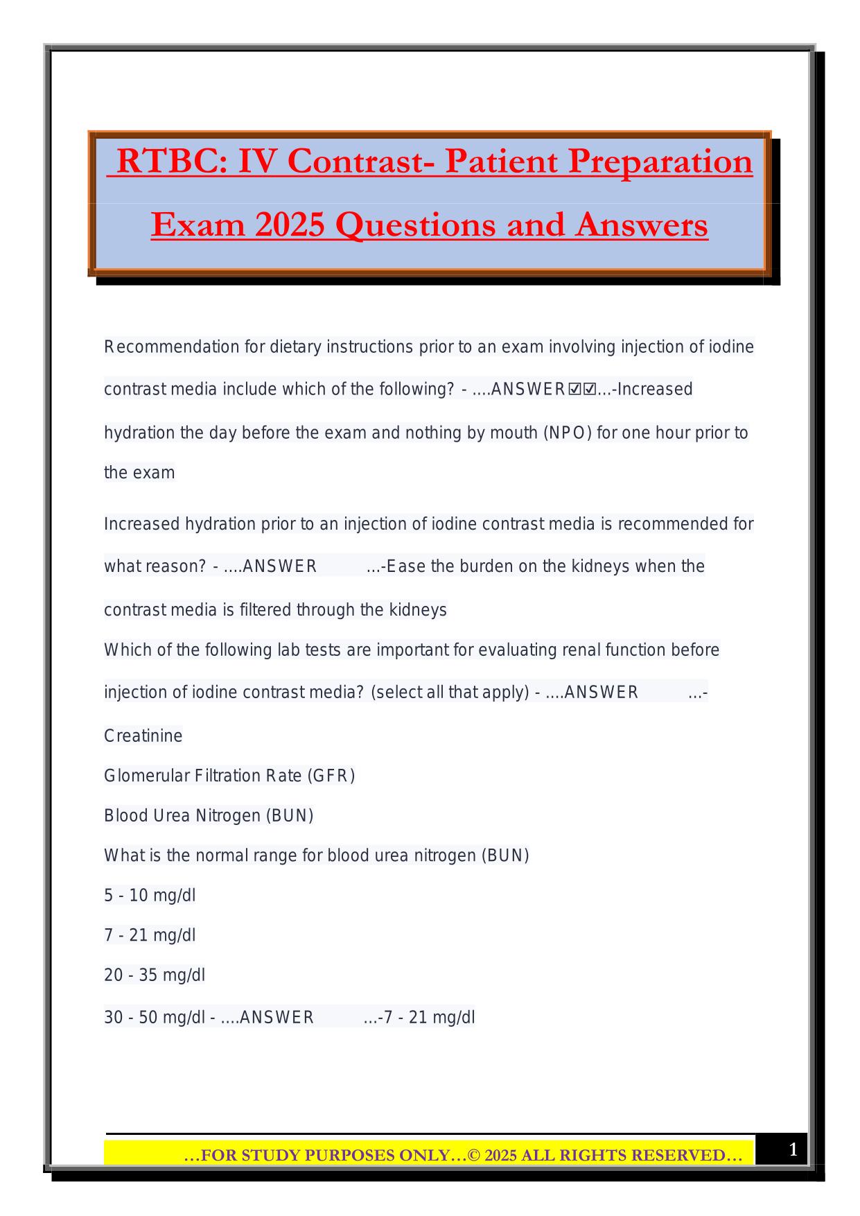 RTBC: IV Contrast- Patient Preparation Exam 2025 Questions and Answers