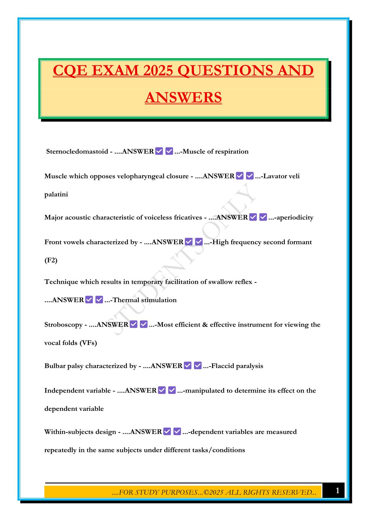 CQE EXAM 2025 QUESTIONS AND ANSWERS