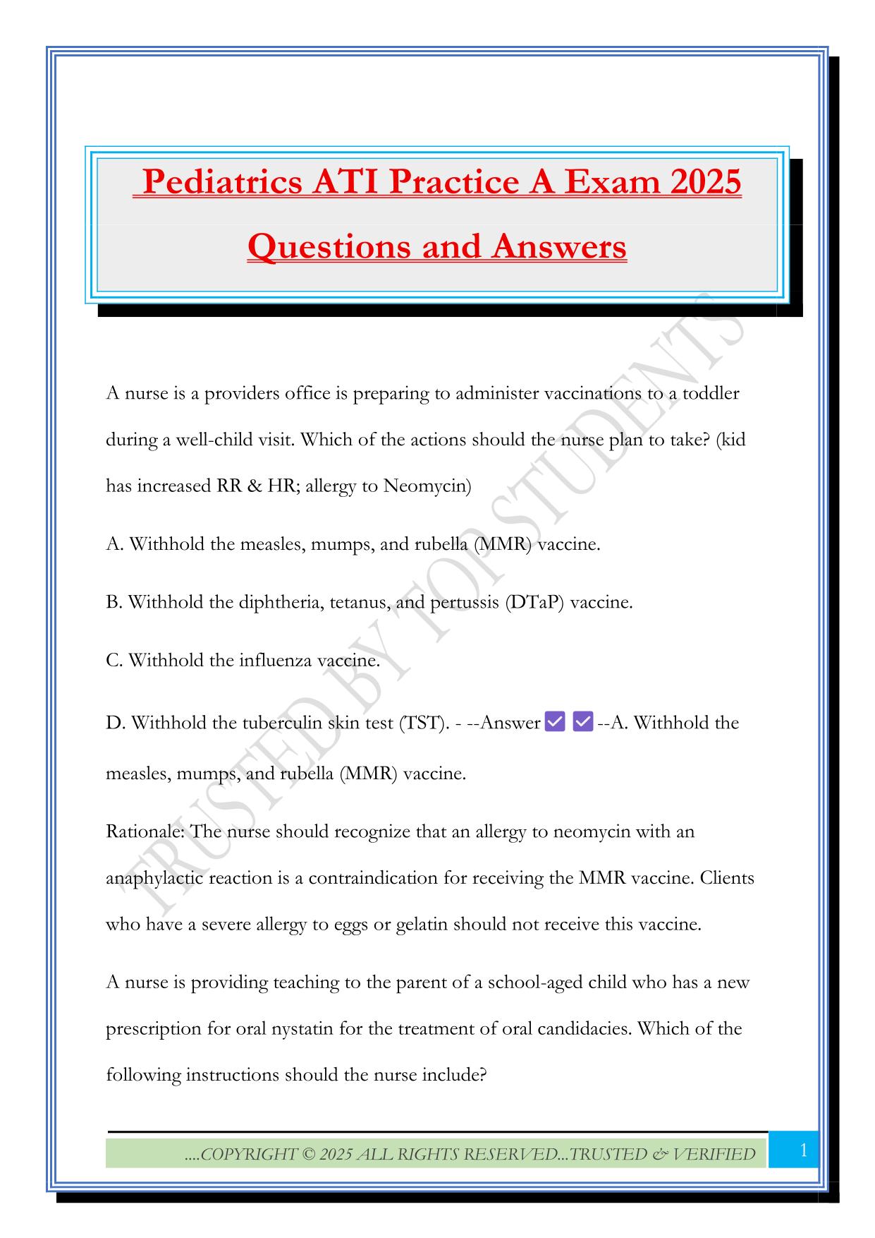 Pediatrics ATI Practice A Exam 2025 Questions and Answers