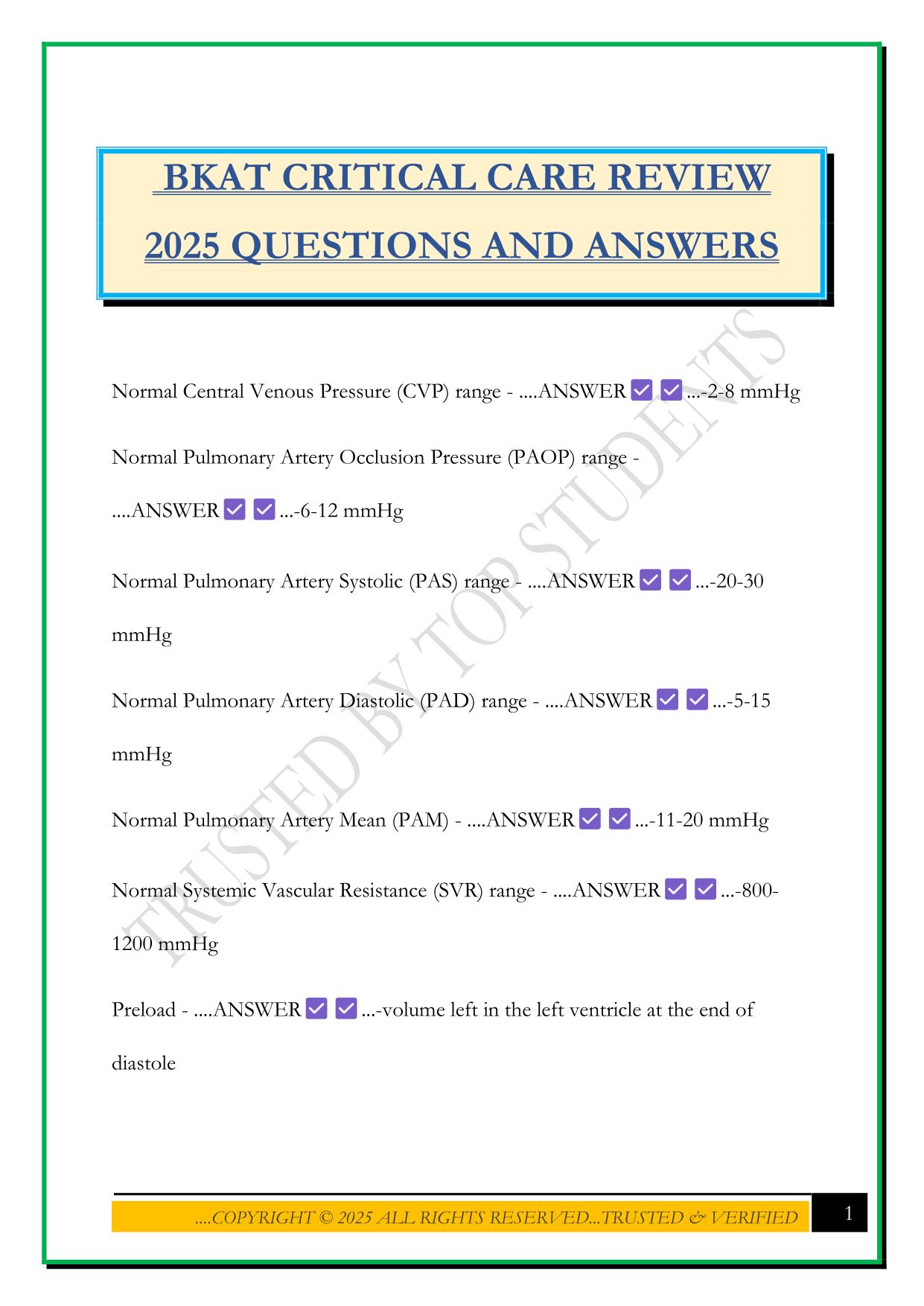 BKAT CRITICAL CARE REVIEW 2025 QUESTIONS AND ANSWERS