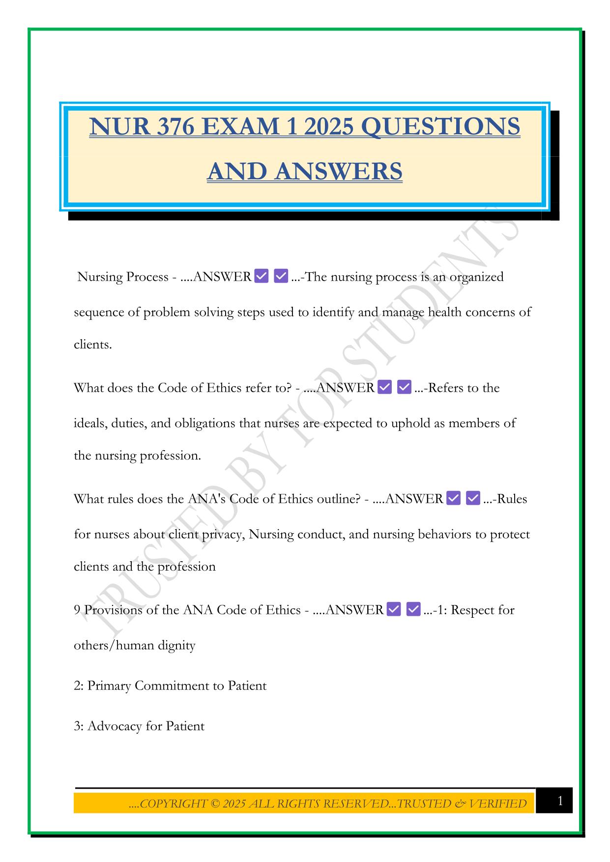 NUR 376 EXAM 1 2025 QUESTIONS AND ANSWERS