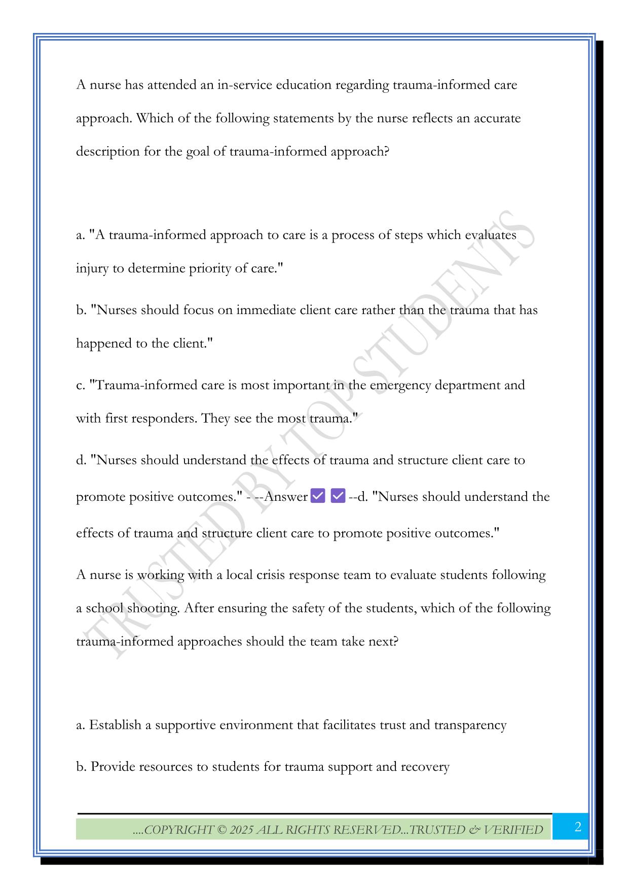ATI Trauma, Crisis, Disaster and Related Disorders Questions 2025 with Correct Answers