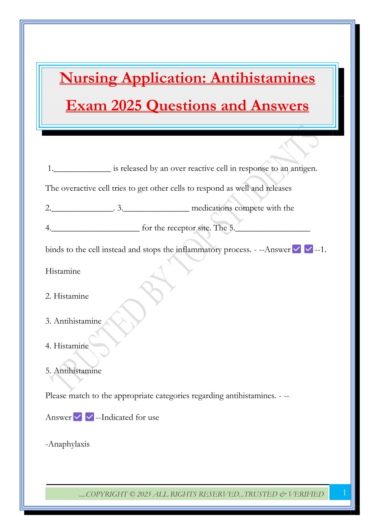 Nursing Application: Antihistamines Exam 2025 Questions and Answers