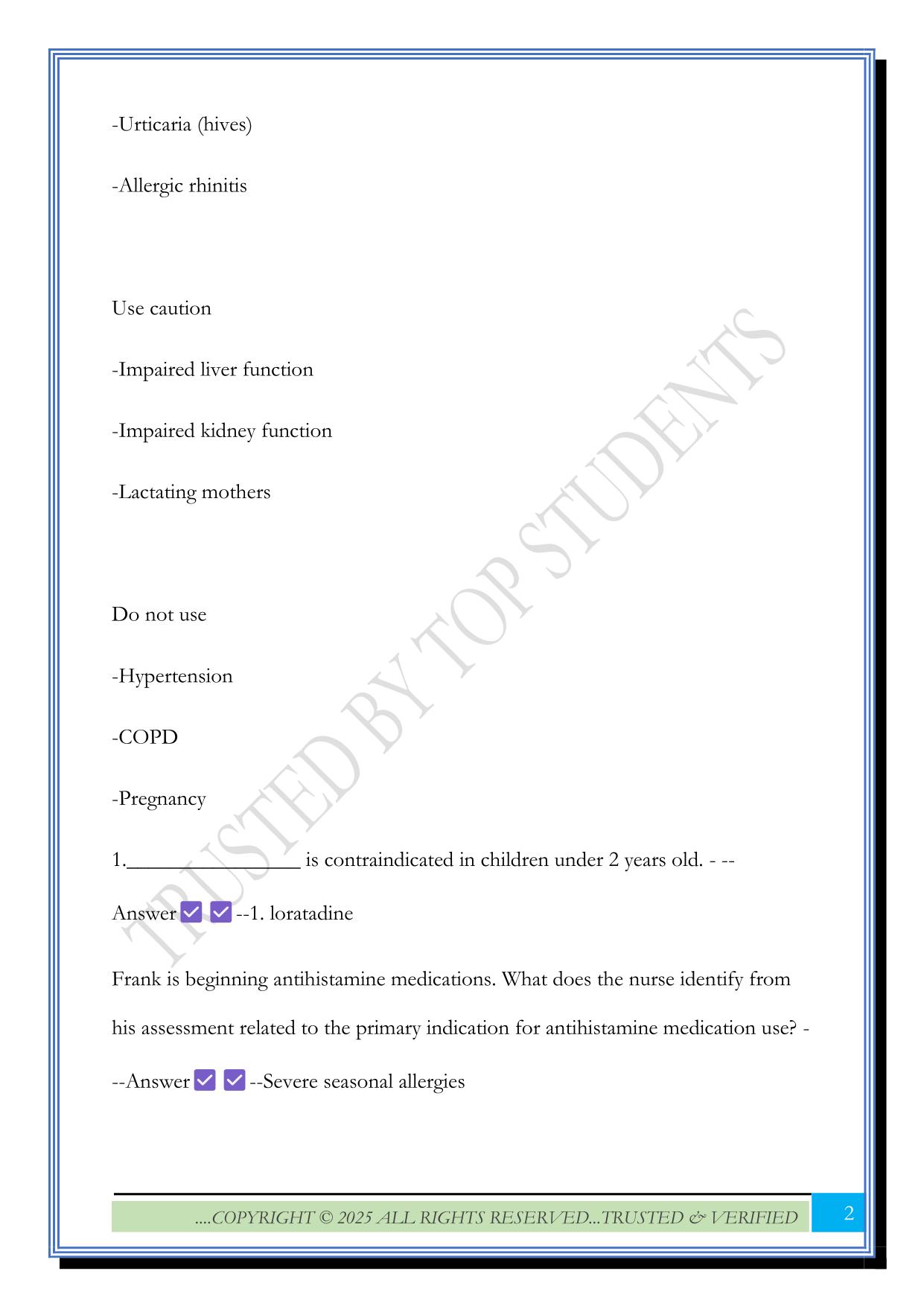 Nursing Application: Antihistamines Exam 2025 Questions and Answers