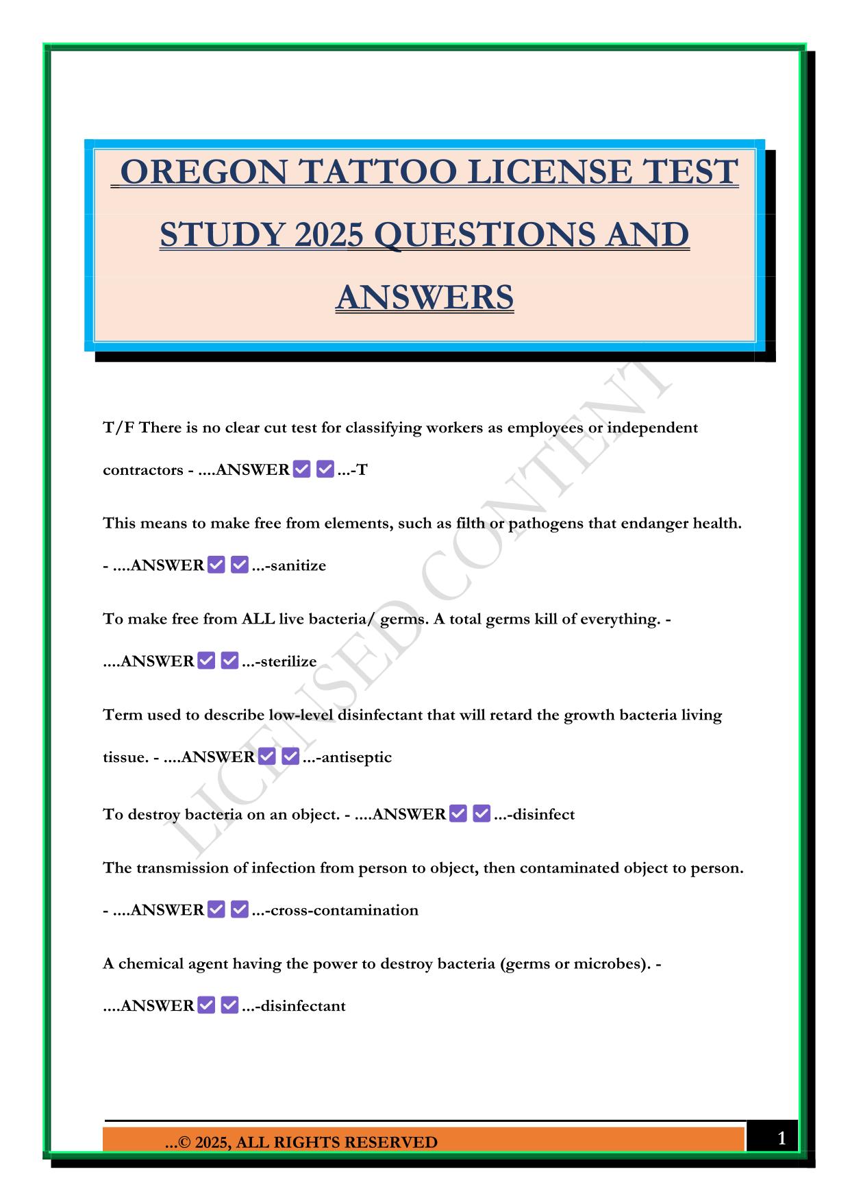 OREGON TATTOO LICENSE TEST STUDY 2025 QUESTIONS AND ANSWERS