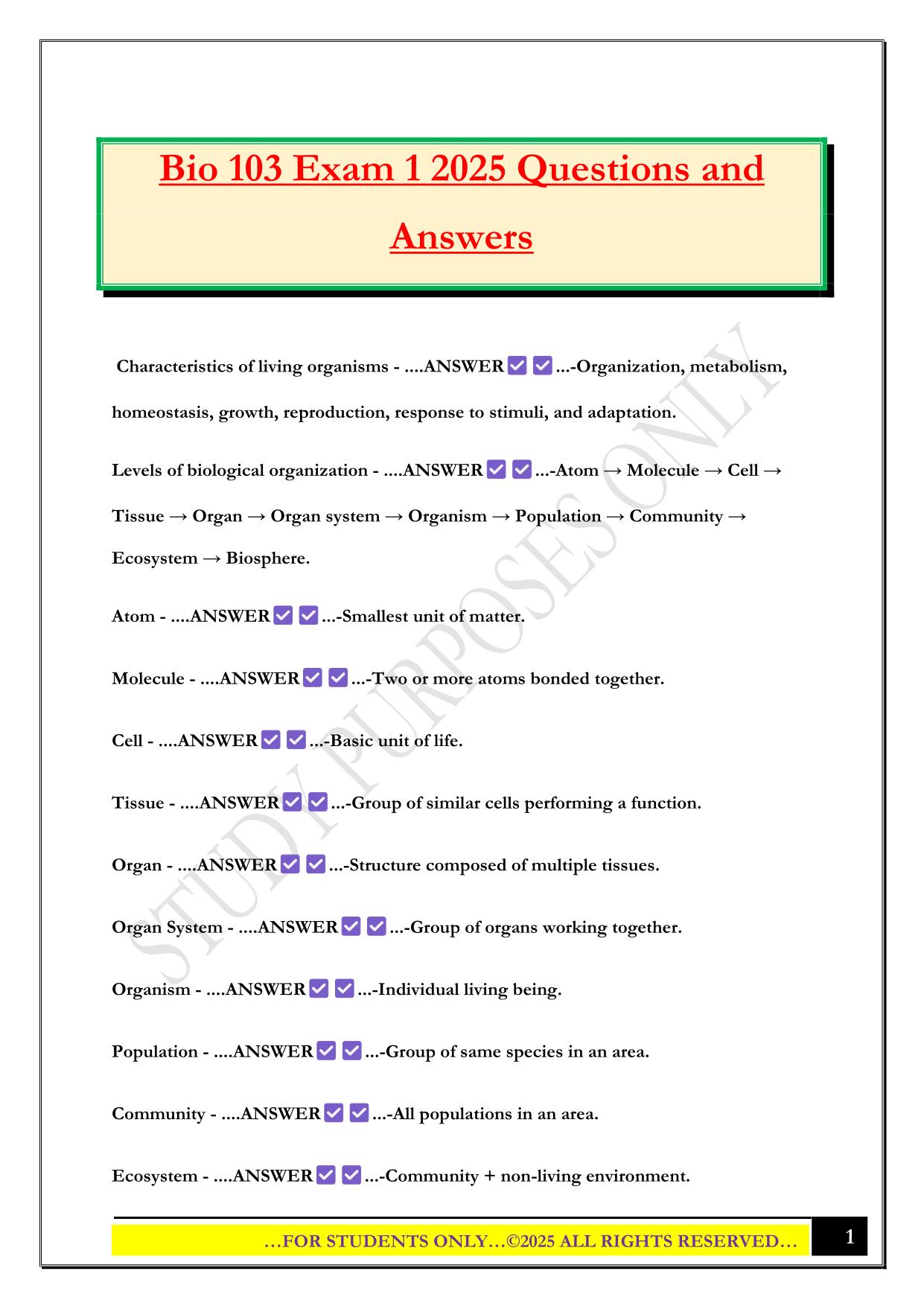 Bio 103 Exam 1 2025 Questions and Answers