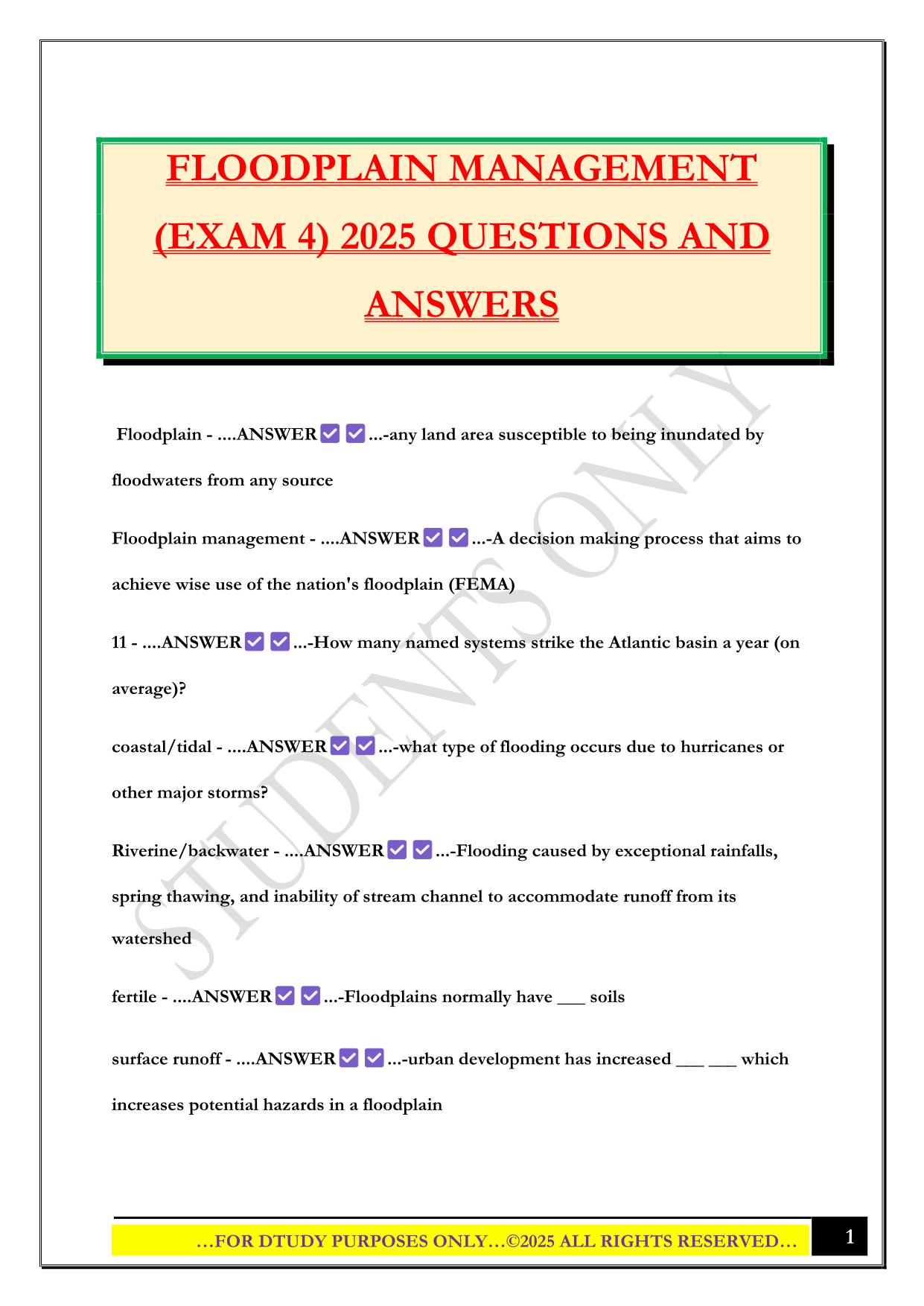 FLOODPLAIN MANAGEMENT (EXAM 4) 2025 QUESTIONS AND ANSWERS