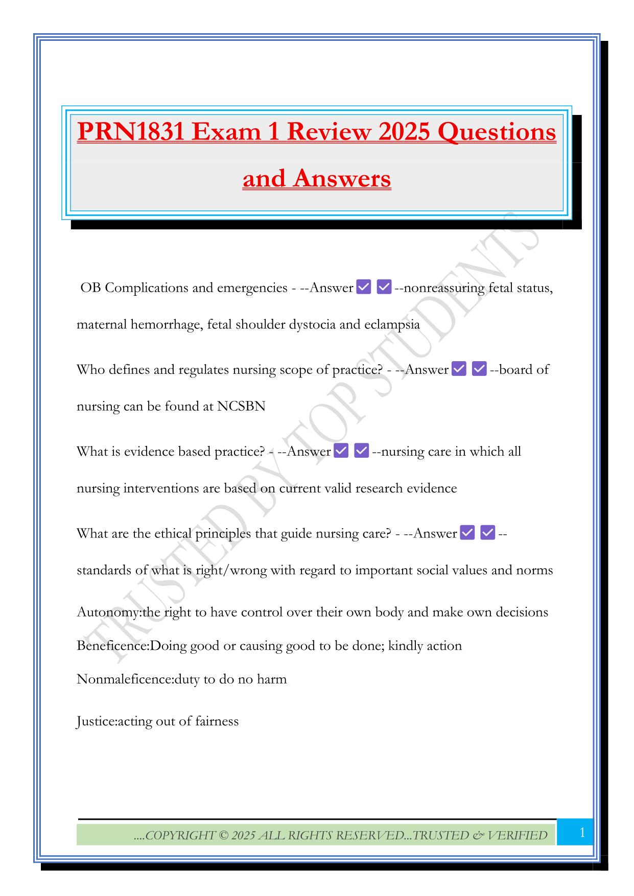 PRN1831 Exam 1 Review 2025 Questions and Answers