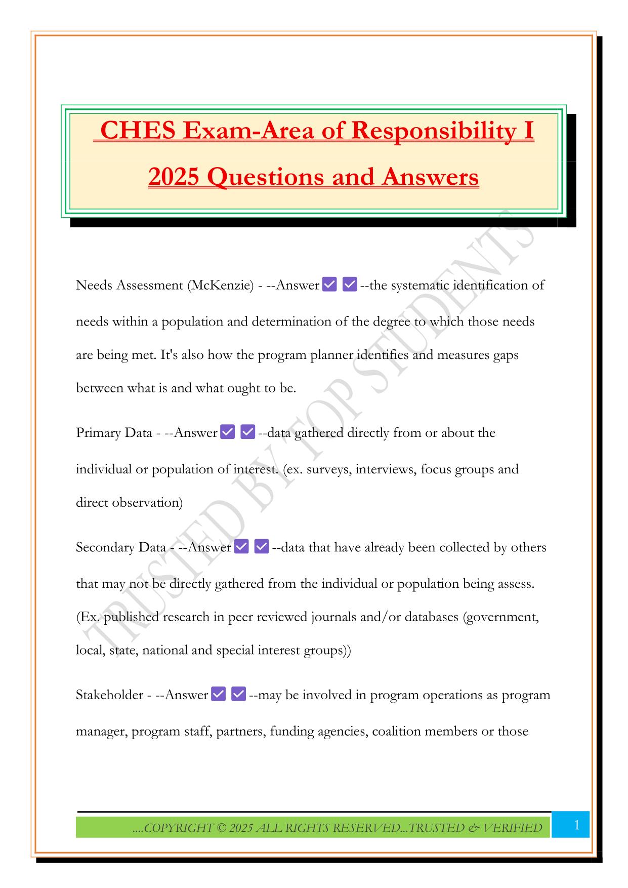 CHES Exam-Area of Responsibility I 2025 Questions and Answers