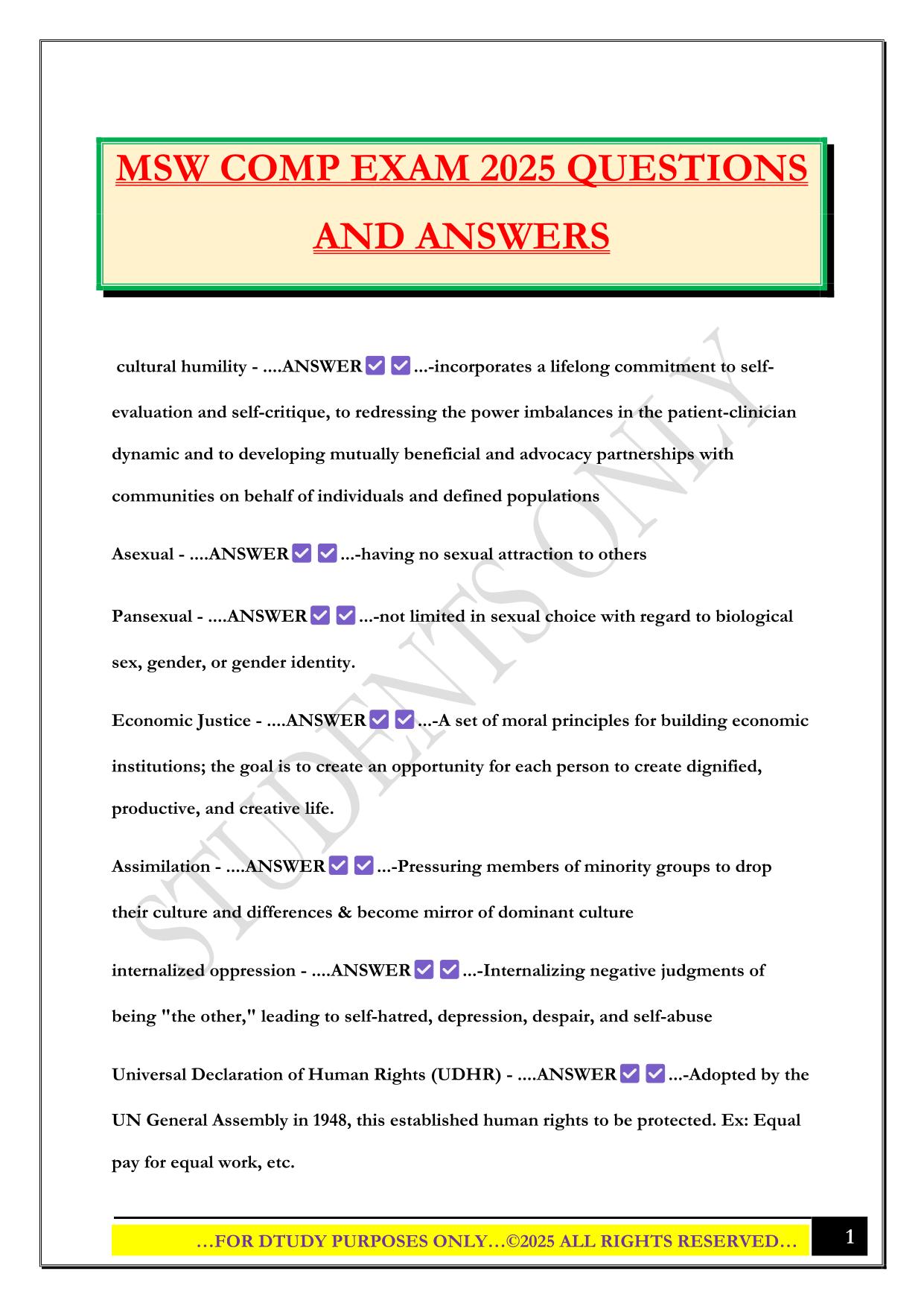 MSW COMP EXAM 2025 QUESTIONS AND ANSWERS