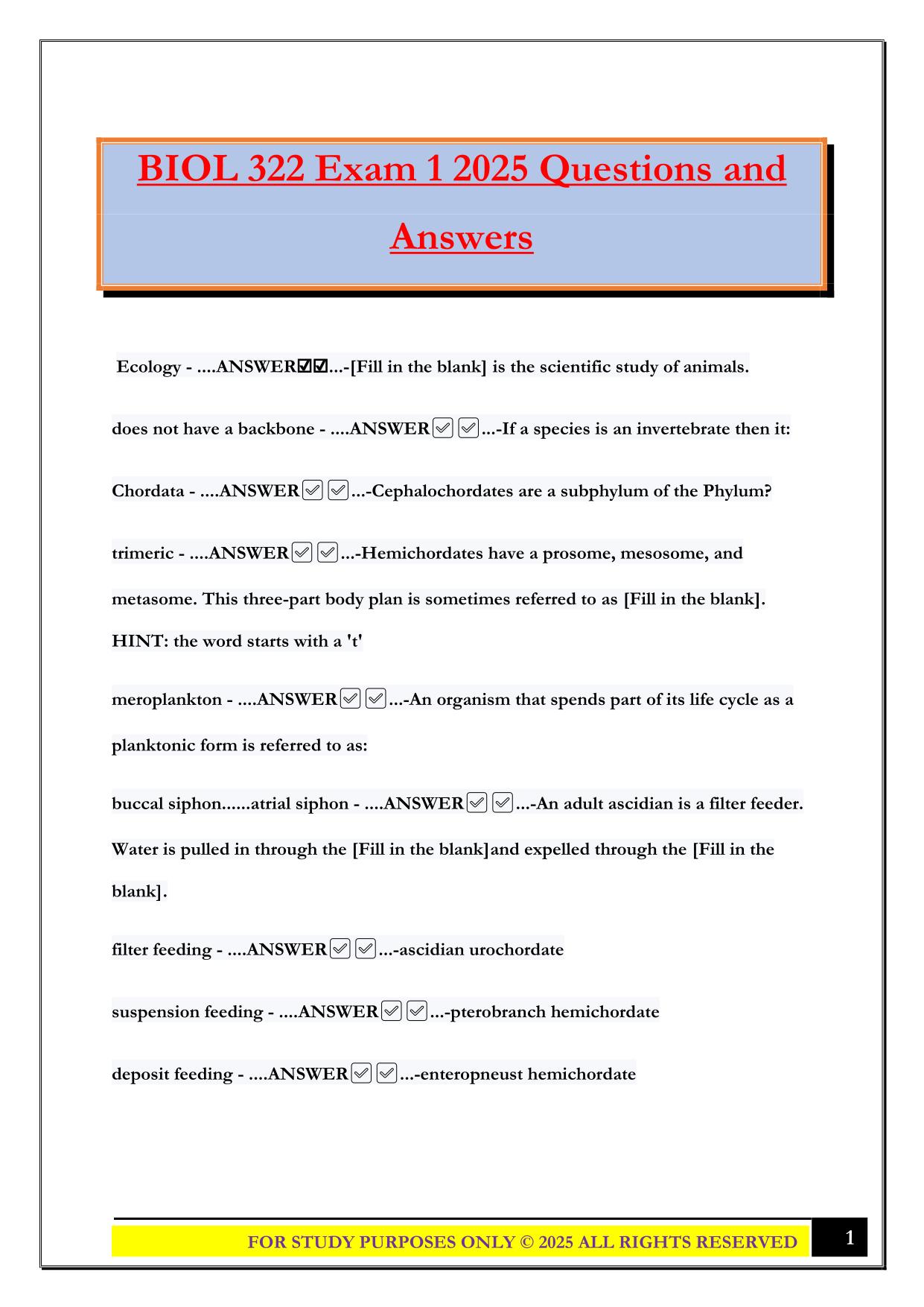 BIOL 322 Exam 1 2025 Questions and Answers