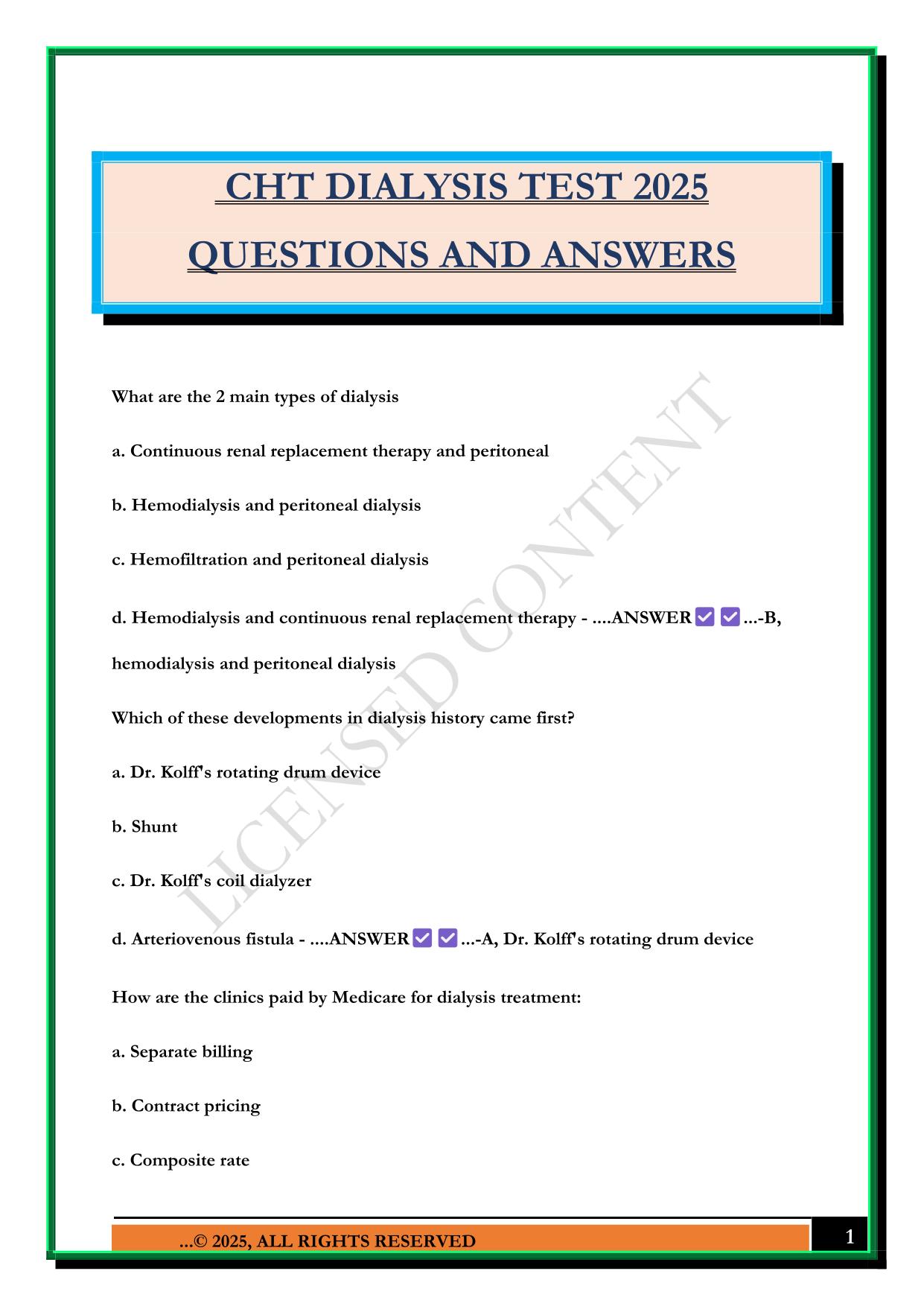 CHT DIALYSIS TEST 2025 QUESTIONS AND ANSWERS