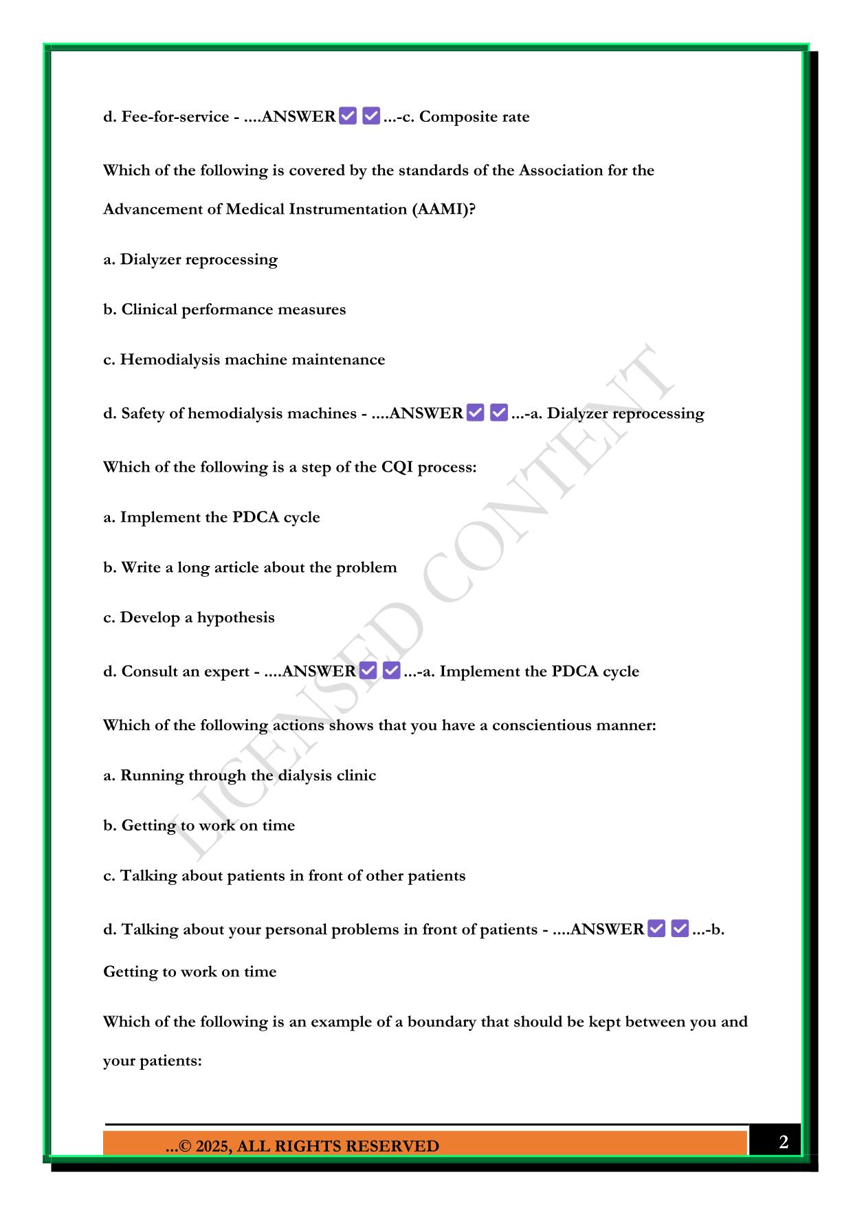 CHT DIALYSIS TEST 2025 QUESTIONS AND ANSWERS